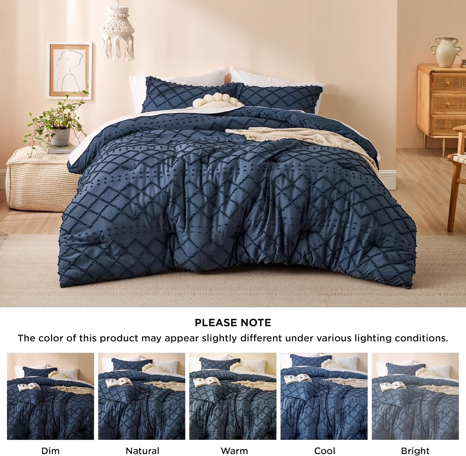 image:imageBedsure Twin XL Comforter Set  White Comforter Boho Tufted Distressed Vintage Bedding for Kids 2 Pieces FarmhouseStyle Bed Set for All Seasons Fluffy Soft Bedding with 1 Pillow Sham05  Navy