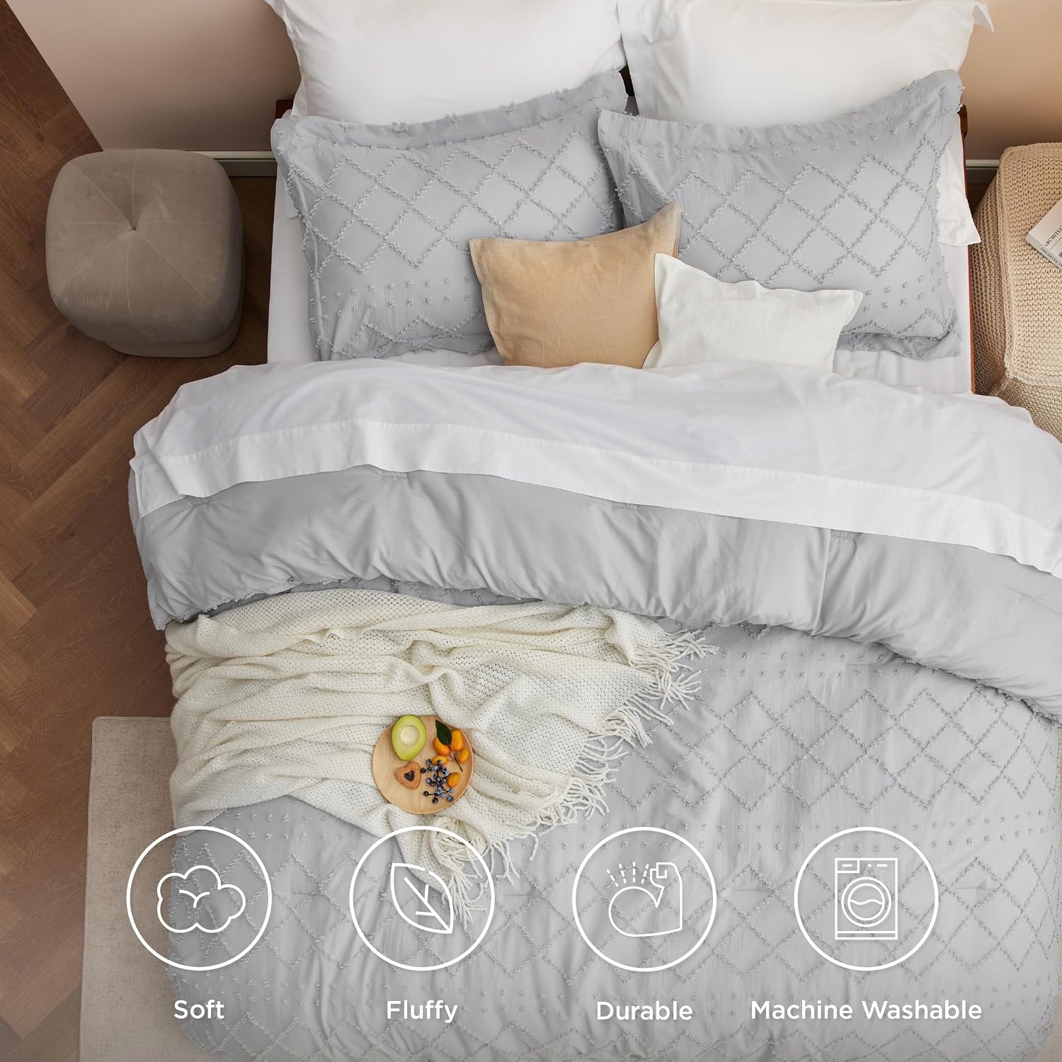 image:imageBedsure Twin XL Comforter Set  White Comforter Boho Tufted Distressed Vintage Bedding for Kids 2 Pieces FarmhouseStyle Bed Set for All Seasons Fluffy Soft Bedding with 1 Pillow Sham15  Light Grey