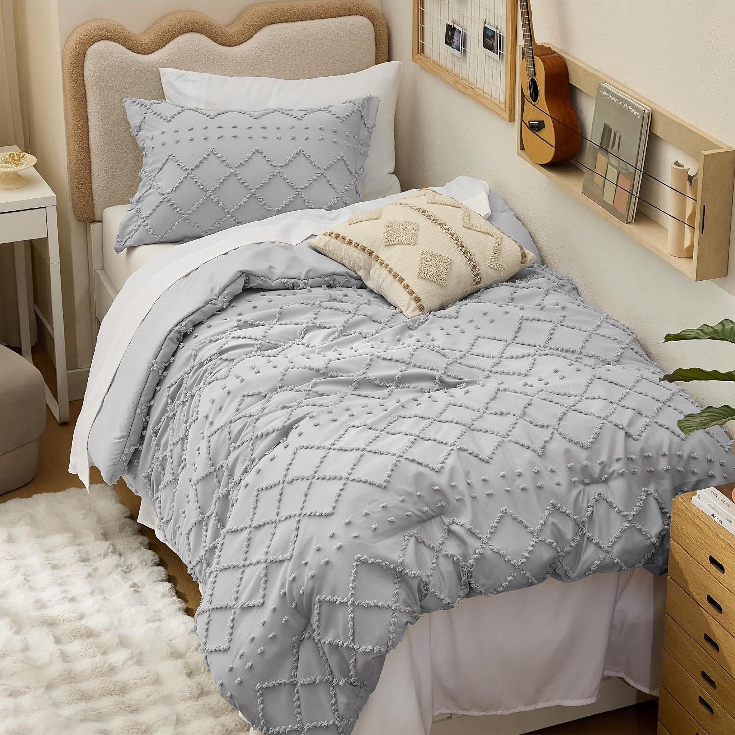 image:imageBedsure Twin XL Comforter Set  White Comforter Boho Tufted Distressed Vintage Bedding for Kids 2 Pieces FarmhouseStyle Bed Set for All Seasons Fluffy Soft Bedding with 1 Pillow Sham15  Light Grey