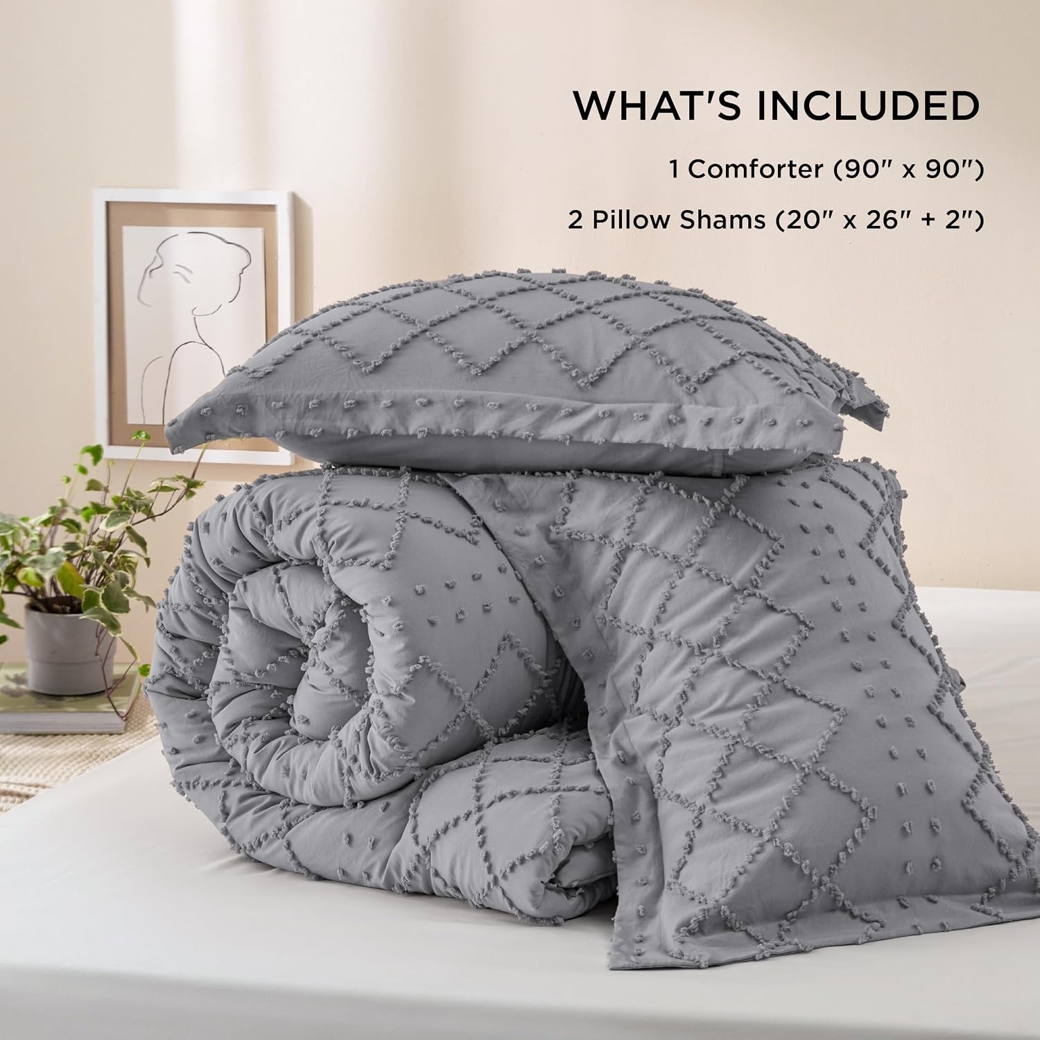image:imageBedsure Twin XL Comforter Set  White Comforter Boho Tufted Distressed Vintage Bedding for Kids 2 Pieces FarmhouseStyle Bed Set for All Seasons Fluffy Soft Bedding with 1 Pillow Sham20  Grey