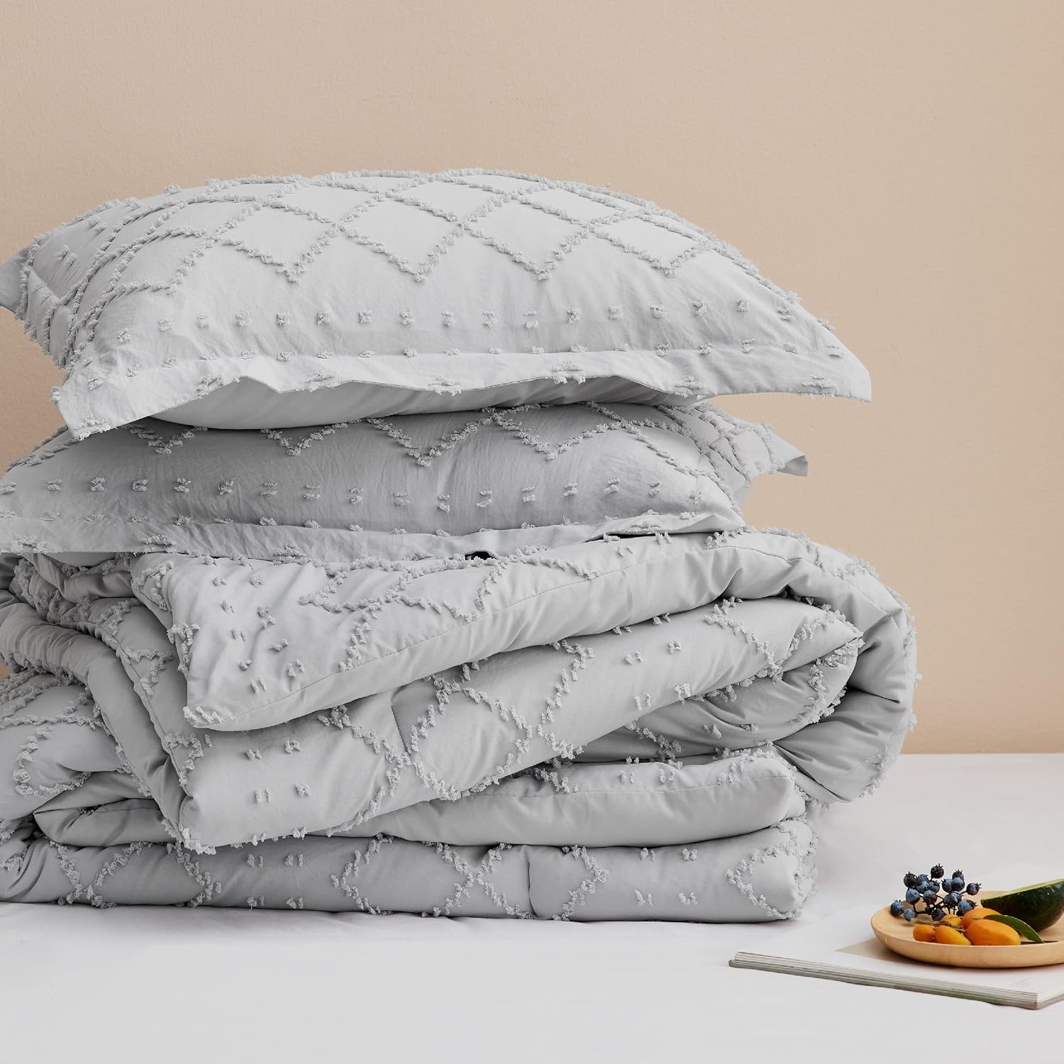 image:imageBedsure Twin XL Comforter Set  White Comforter Boho Tufted Distressed Vintage Bedding for Kids 2 Pieces FarmhouseStyle Bed Set for All Seasons Fluffy Soft Bedding with 1 Pillow Sham15  Light Grey