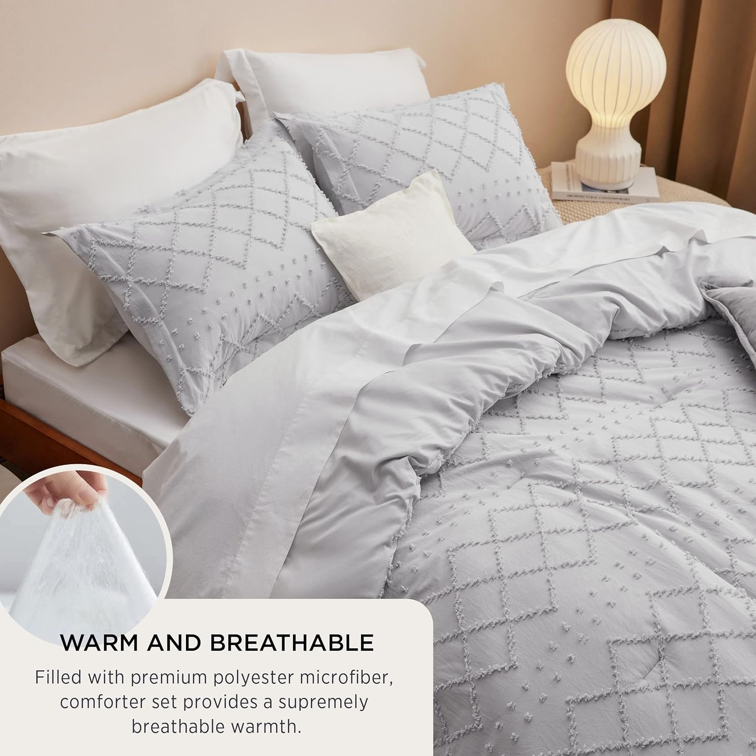 image:imageBedsure Twin XL Comforter Set  White Comforter Boho Tufted Distressed Vintage Bedding for Kids 2 Pieces FarmhouseStyle Bed Set for All Seasons Fluffy Soft Bedding with 1 Pillow Sham15  Light Grey