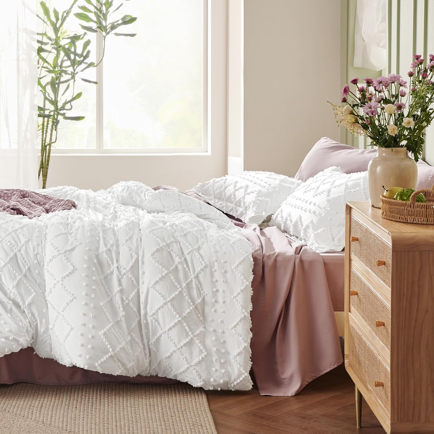 image:imageBedsure Twin XL Comforter Set White Comforter Boho Tufted Distressed Vintage Bedding for Kids 2 Pieces FarmhouseStyle Bed Set for All Seasons Fluffy Soft Bedding with 1 Pillow Sham13 Grayish Purple