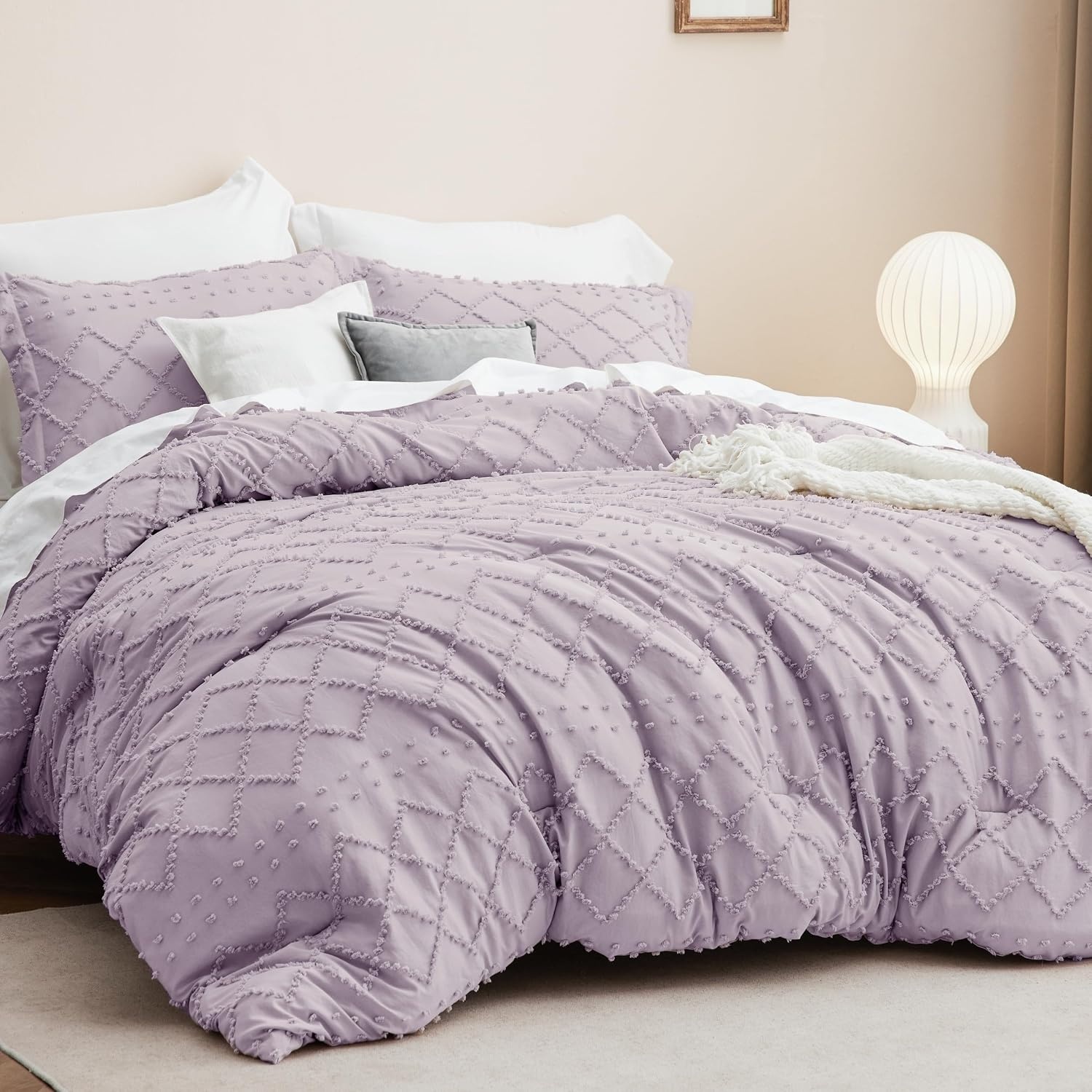 image:imageBedsure Twin XL Comforter Set  White Comforter Boho Tufted Distressed Vintage Bedding for Kids 2 Pieces FarmhouseStyle Bed Set for All Seasons Fluffy Soft Bedding with 1 Pillow Sham17  Lavender