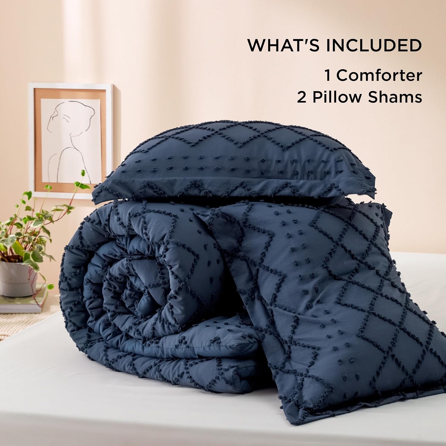 image:imageBedsure Twin XL Comforter Set  White Comforter Boho Tufted Distressed Vintage Bedding for Kids 2 Pieces FarmhouseStyle Bed Set for All Seasons Fluffy Soft Bedding with 1 Pillow Sham05  Navy