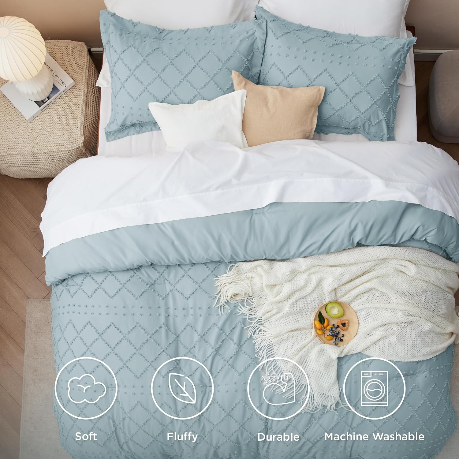 image:imageBedsure Twin XL Comforter Set  White Comforter Boho Tufted Distressed Vintage Bedding for Kids 2 Pieces FarmhouseStyle Bed Set for All Seasons Fluffy Soft Bedding with 1 Pillow Sham10  Dusty Blue