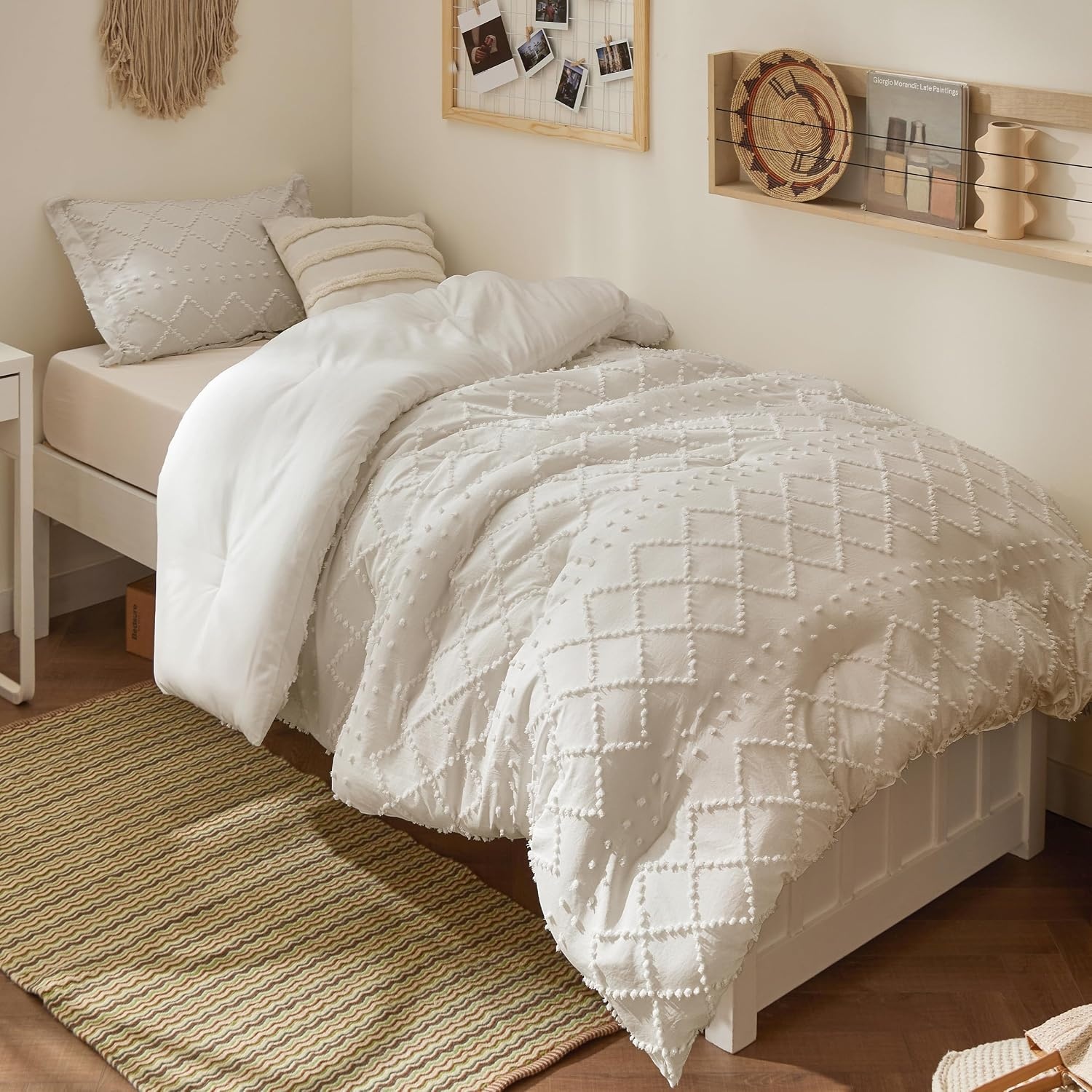 image:imageBedsure Twin XL Comforter Set  White Comforter Boho Tufted Distressed Vintage Bedding for Kids 2 Pieces FarmhouseStyle Bed Set for All Seasons Fluffy Soft Bedding with 1 Pillow Sham06  Beige
