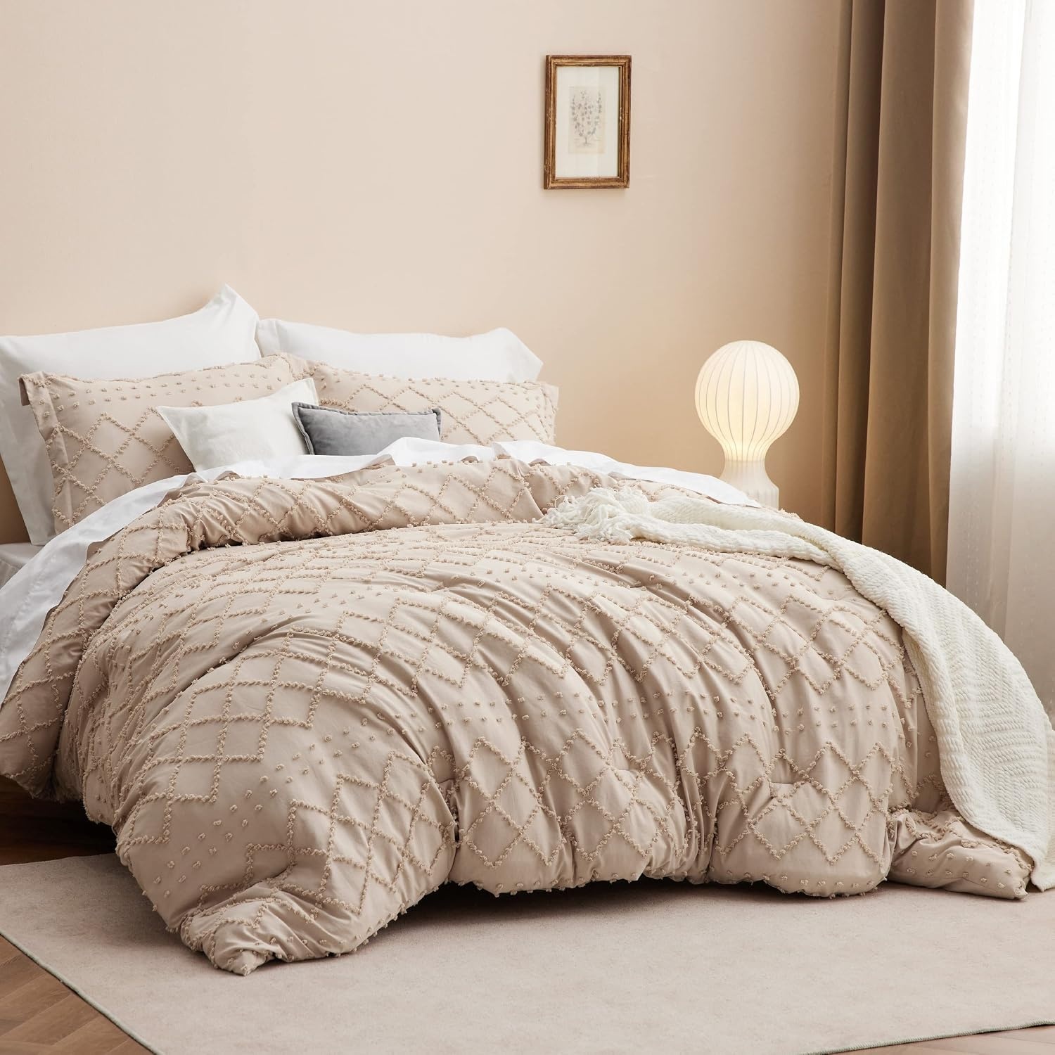 image:imageBedsure Twin XL Comforter Set  White Comforter Boho Tufted Distressed Vintage Bedding for Kids 2 Pieces FarmhouseStyle Bed Set for All Seasons Fluffy Soft Bedding with 1 Pillow Sham16  Warm Tan