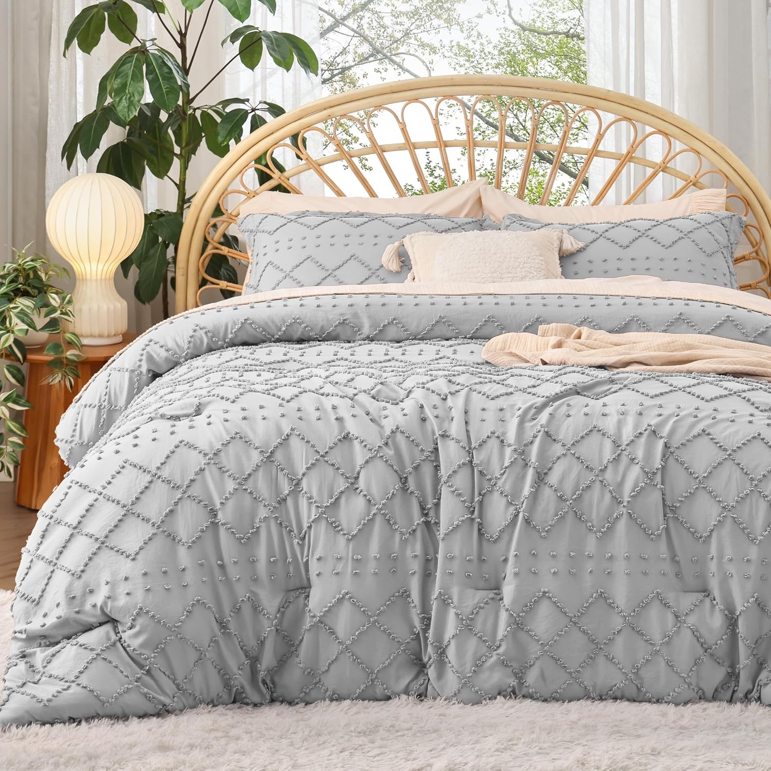 image:imageBedsure Twin XL Comforter Set  White Comforter Boho Tufted Distressed Vintage Bedding for Kids 2 Pieces FarmhouseStyle Bed Set for All Seasons Fluffy Soft Bedding with 1 Pillow Sham15  Light Grey