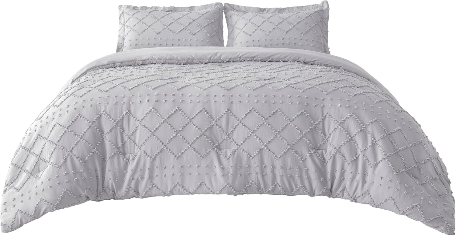 image:imageBedsure Twin XL Comforter Set  White Comforter Boho Tufted Distressed Vintage Bedding for Kids 2 Pieces FarmhouseStyle Bed Set for All Seasons Fluffy Soft Bedding with 1 Pillow Sham15  Light Grey