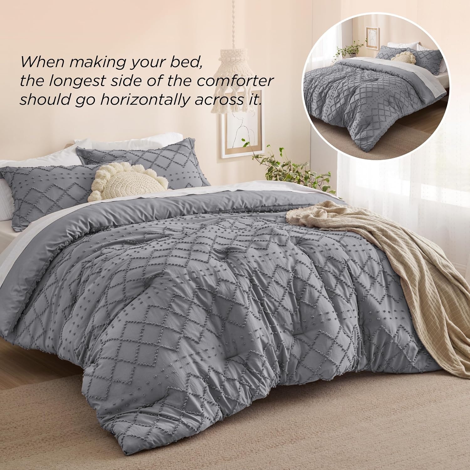 image:imageBedsure Twin XL Comforter Set  White Comforter Boho Tufted Distressed Vintage Bedding for Kids 2 Pieces FarmhouseStyle Bed Set for All Seasons Fluffy Soft Bedding with 1 Pillow Sham20  Grey