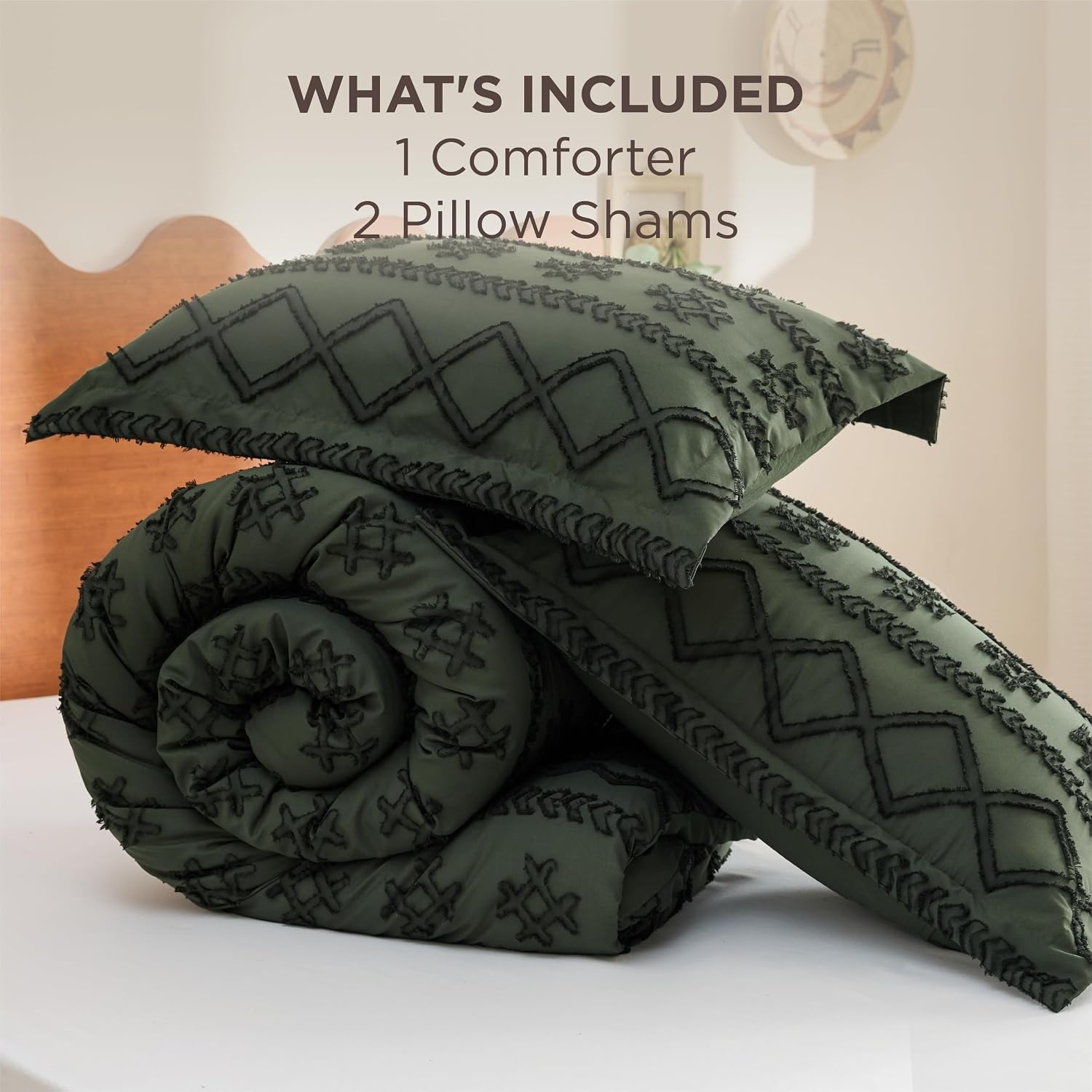 image:imageBedsure Twin XL Comforter Set  White Comforter Boho Tufted Distressed Vintage Bedding for Kids 2 Pieces FarmhouseStyle Bed Set for All Seasons Fluffy Soft Bedding with 1 Pillow Sham09  Olive Green  Wave Like
