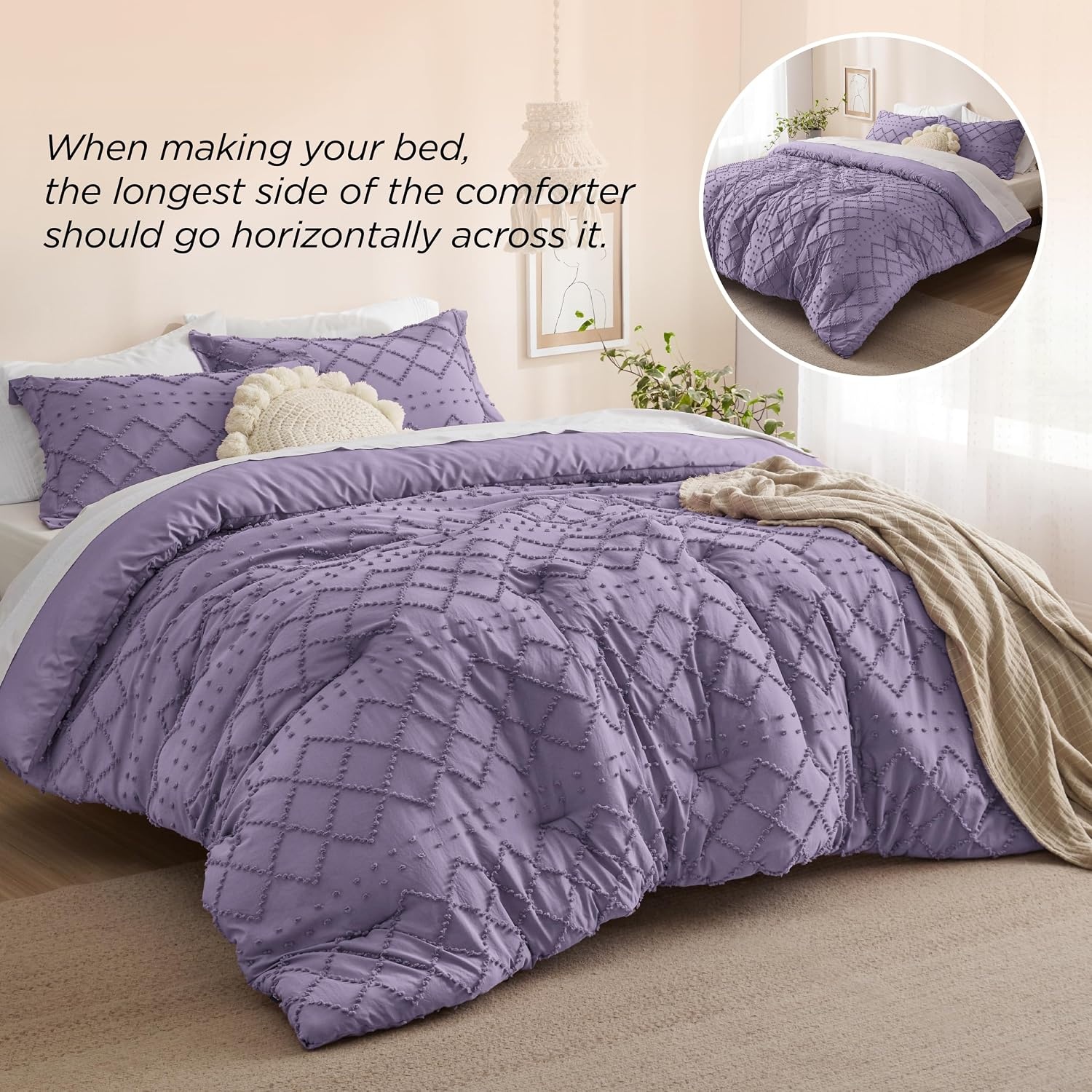 image:imageBedsure Twin XL Comforter Set White Comforter Boho Tufted Distressed Vintage Bedding for Kids 2 Pieces FarmhouseStyle Bed Set for All Seasons Fluffy Soft Bedding with 1 Pillow Sham13 Grayish Purple
