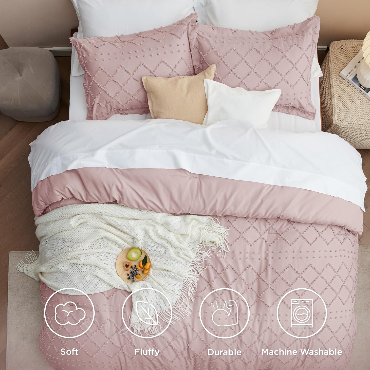 image:imageBedsure Twin XL Comforter Set  White Comforter Boho Tufted Distressed Vintage Bedding for Kids 2 Pieces FarmhouseStyle Bed Set for All Seasons Fluffy Soft Bedding with 1 Pillow Sham18  Dusty Rose