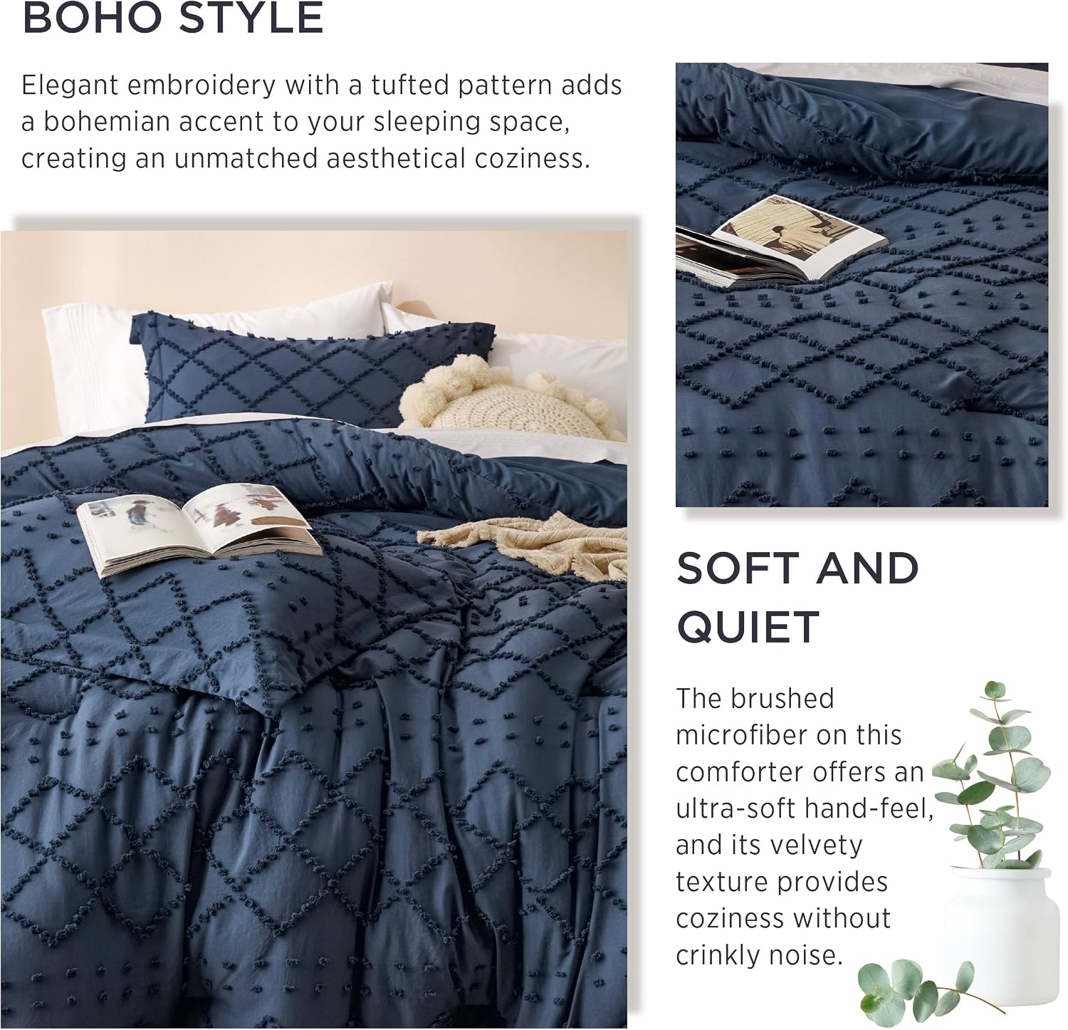 image:imageBedsure Twin XL Comforter Set  White Comforter Boho Tufted Distressed Vintage Bedding for Kids 2 Pieces FarmhouseStyle Bed Set for All Seasons Fluffy Soft Bedding with 1 Pillow Sham05  Navy