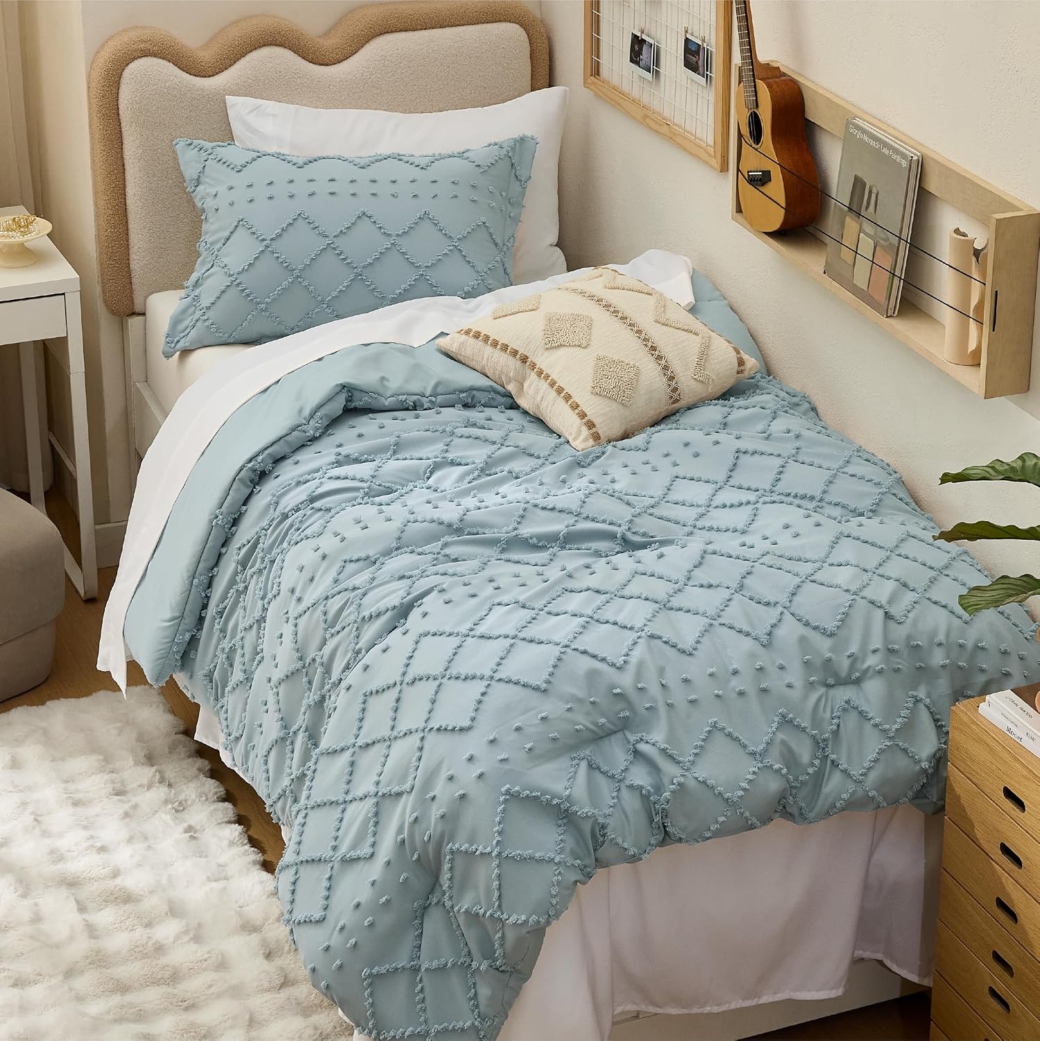 image:imageBedsure Twin XL Comforter Set  White Comforter Boho Tufted Distressed Vintage Bedding for Kids 2 Pieces FarmhouseStyle Bed Set for All Seasons Fluffy Soft Bedding with 1 Pillow Sham10  Dusty Blue