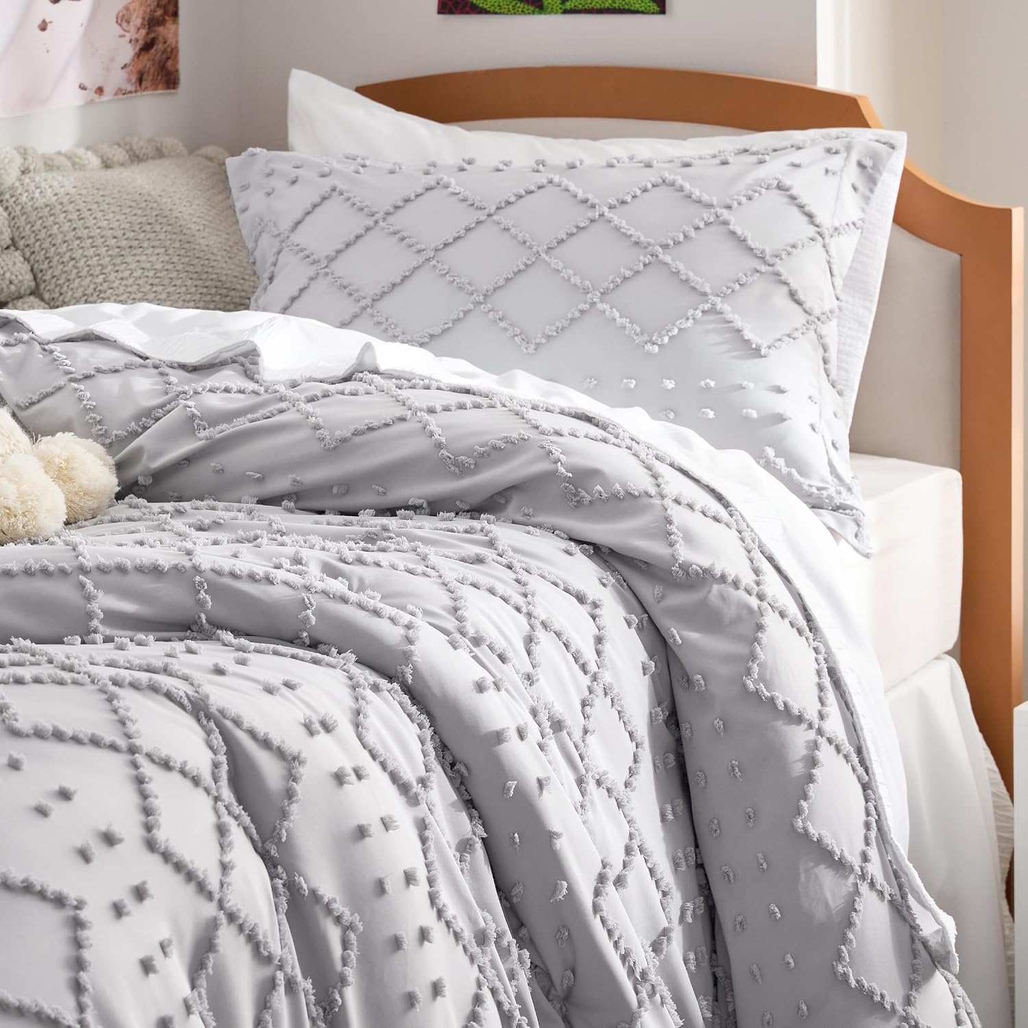 image:imageBedsure Twin XL Comforter Set  White Comforter Boho Tufted Distressed Vintage Bedding for Kids 2 Pieces FarmhouseStyle Bed Set for All Seasons Fluffy Soft Bedding with 1 Pillow Sham15  Light Grey