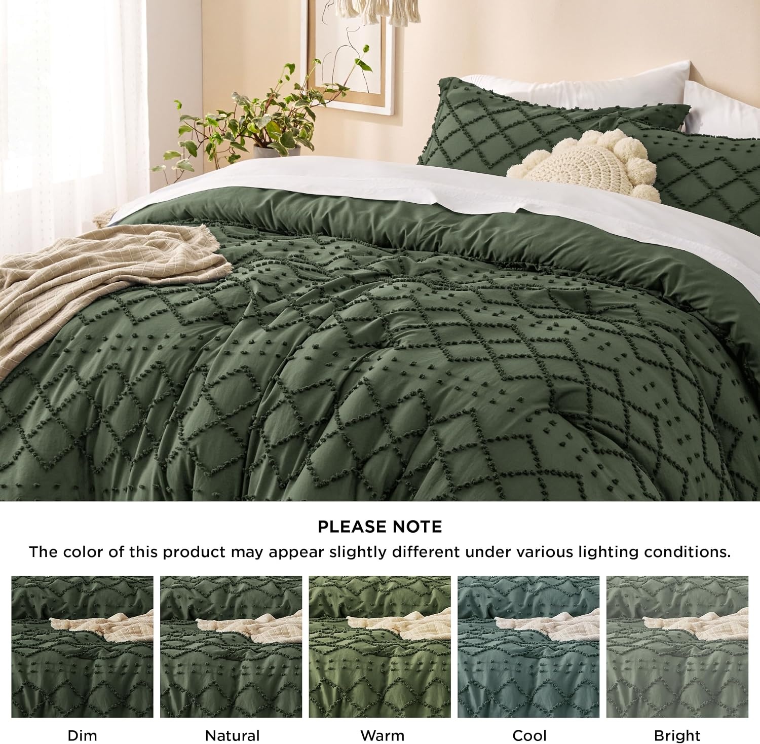 image:imageBedsure Twin XL Comforter Set White Comforter Boho Tufted Distressed Vintage Bedding for Kids 2 Pieces FarmhouseStyle Bed Set for All Seasons Fluffy Soft Bedding with 1 Pillow Sham02 Olive Green