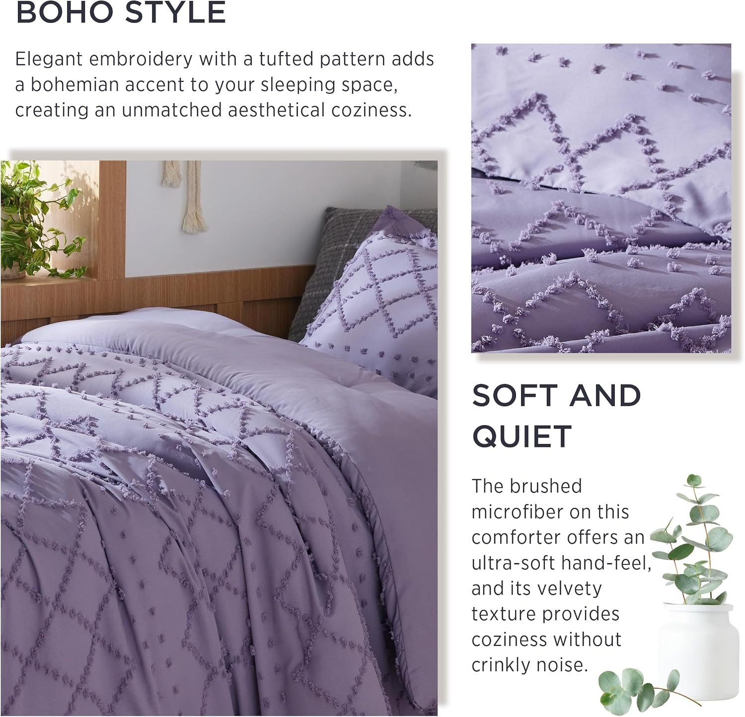image:imageBedsure Twin XL Comforter Set White Comforter Boho Tufted Distressed Vintage Bedding for Kids 2 Pieces FarmhouseStyle Bed Set for All Seasons Fluffy Soft Bedding with 1 Pillow Sham13 Grayish Purple