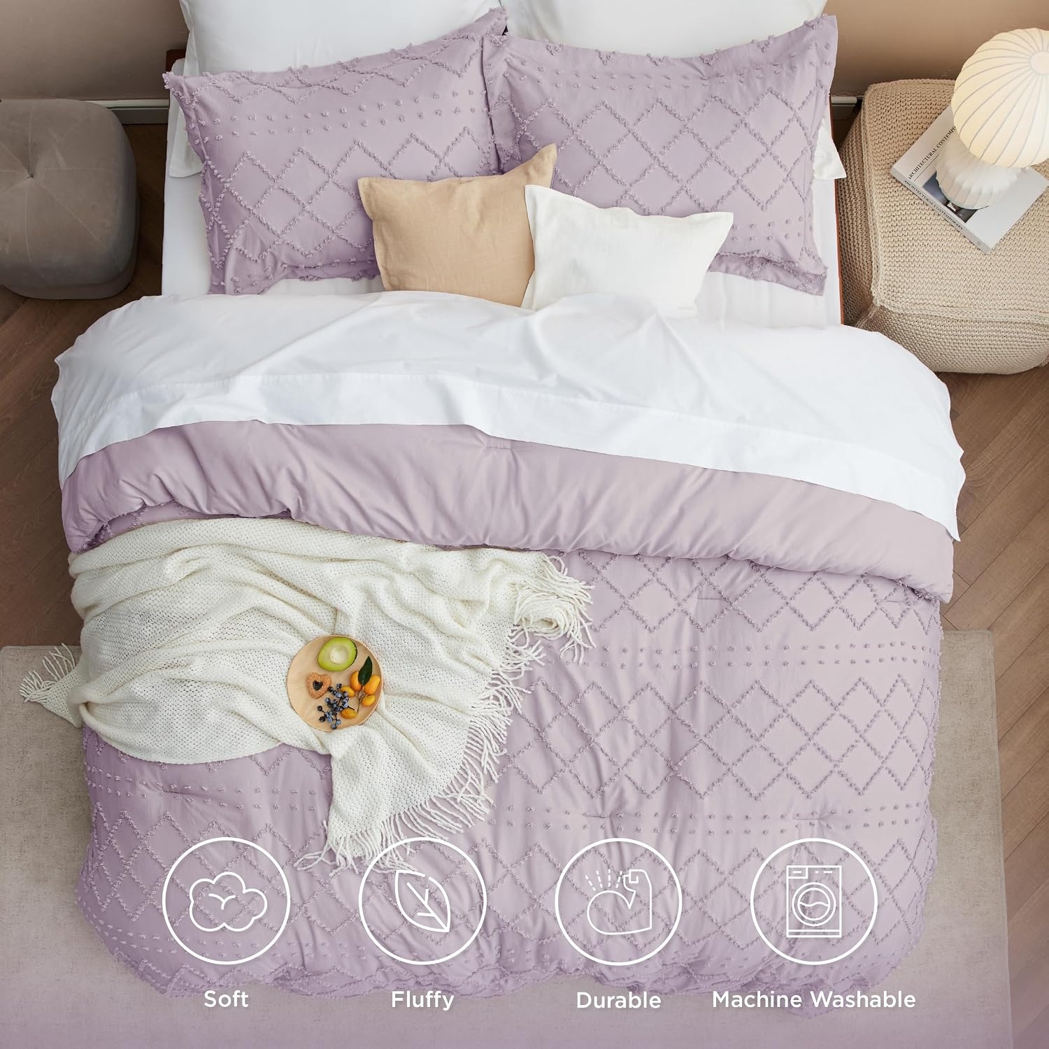 image:imageBedsure Twin XL Comforter Set  White Comforter Boho Tufted Distressed Vintage Bedding for Kids 2 Pieces FarmhouseStyle Bed Set for All Seasons Fluffy Soft Bedding with 1 Pillow Sham17  Lavender
