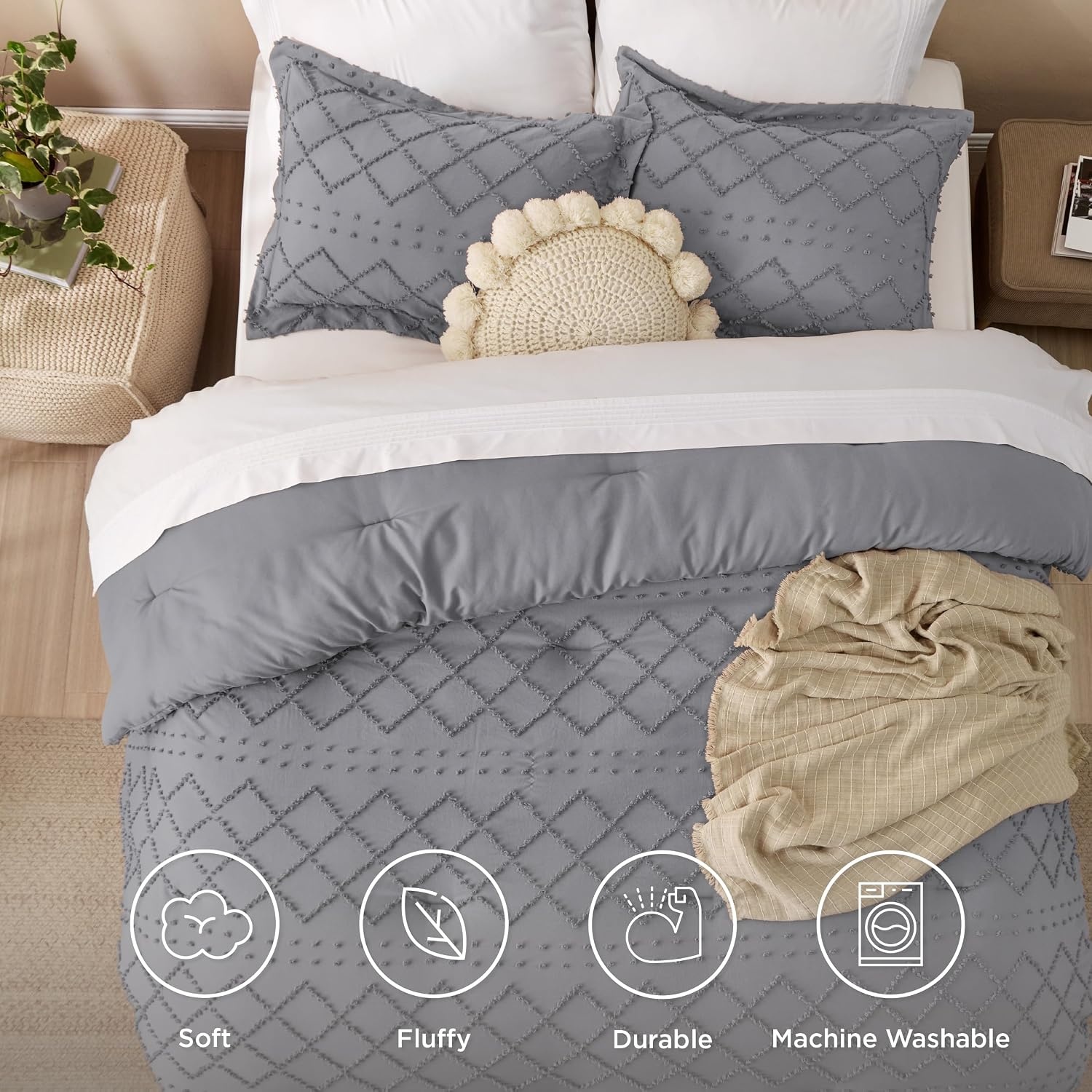 image:imageBedsure Twin XL Comforter Set  White Comforter Boho Tufted Distressed Vintage Bedding for Kids 2 Pieces FarmhouseStyle Bed Set for All Seasons Fluffy Soft Bedding with 1 Pillow Sham20  Grey