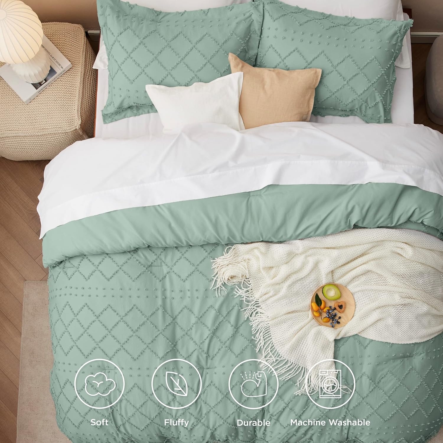 image:imageBedsure Twin XL Comforter Set  White Comforter Boho Tufted Distressed Vintage Bedding for Kids 2 Pieces FarmhouseStyle Bed Set for All Seasons Fluffy Soft Bedding with 1 Pillow Sham12  Sage Green