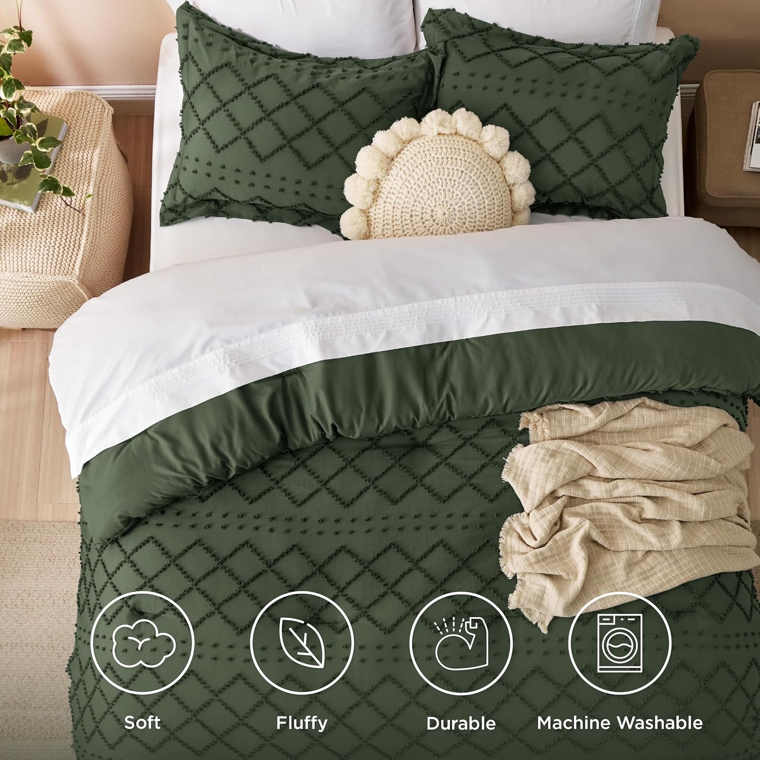 image:imageBedsure Twin XL Comforter Set White Comforter Boho Tufted Distressed Vintage Bedding for Kids 2 Pieces FarmhouseStyle Bed Set for All Seasons Fluffy Soft Bedding with 1 Pillow Sham02 Olive Green