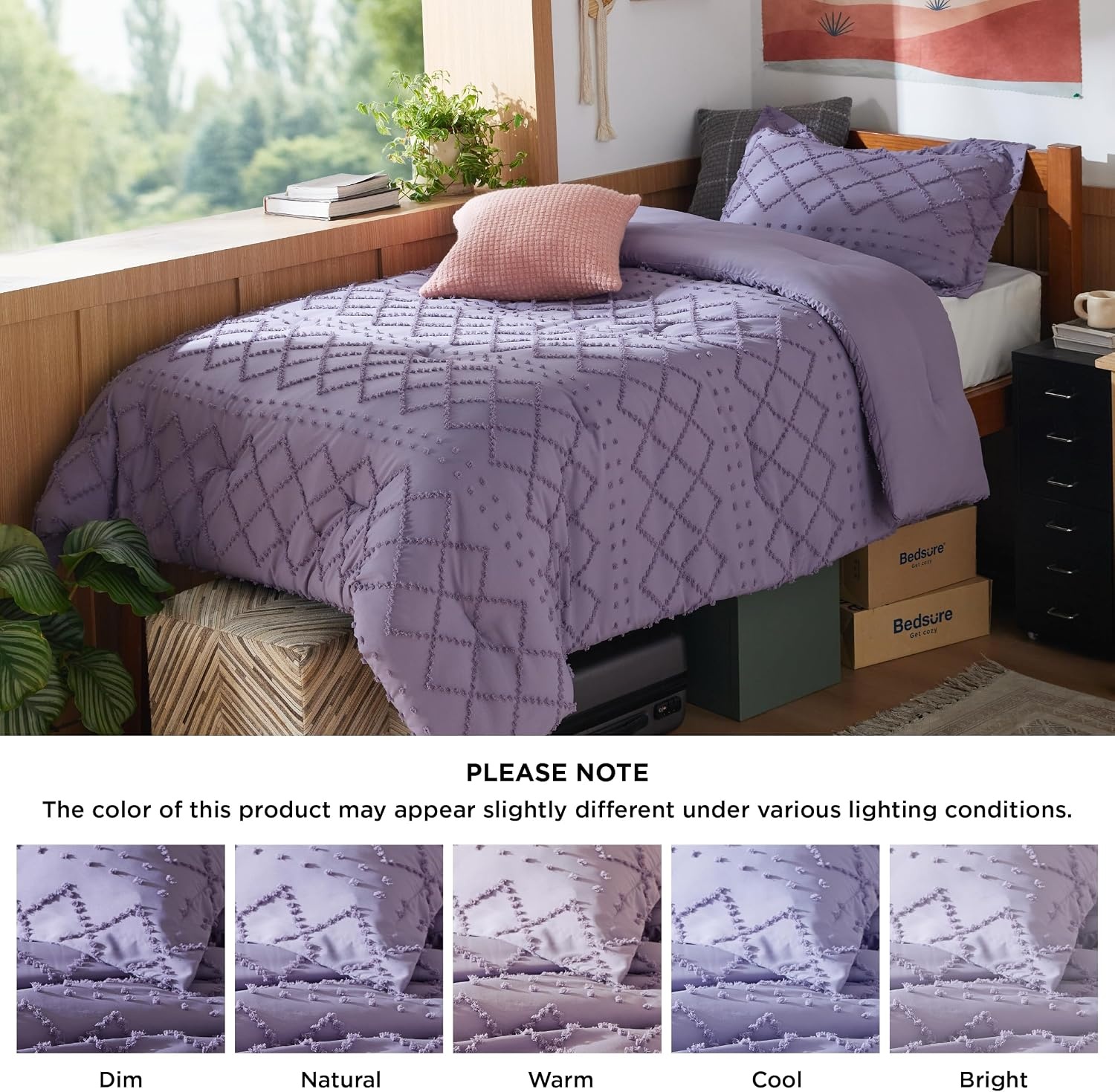 image:imageBedsure Twin XL Comforter Set White Comforter Boho Tufted Distressed Vintage Bedding for Kids 2 Pieces FarmhouseStyle Bed Set for All Seasons Fluffy Soft Bedding with 1 Pillow Sham13 Grayish Purple