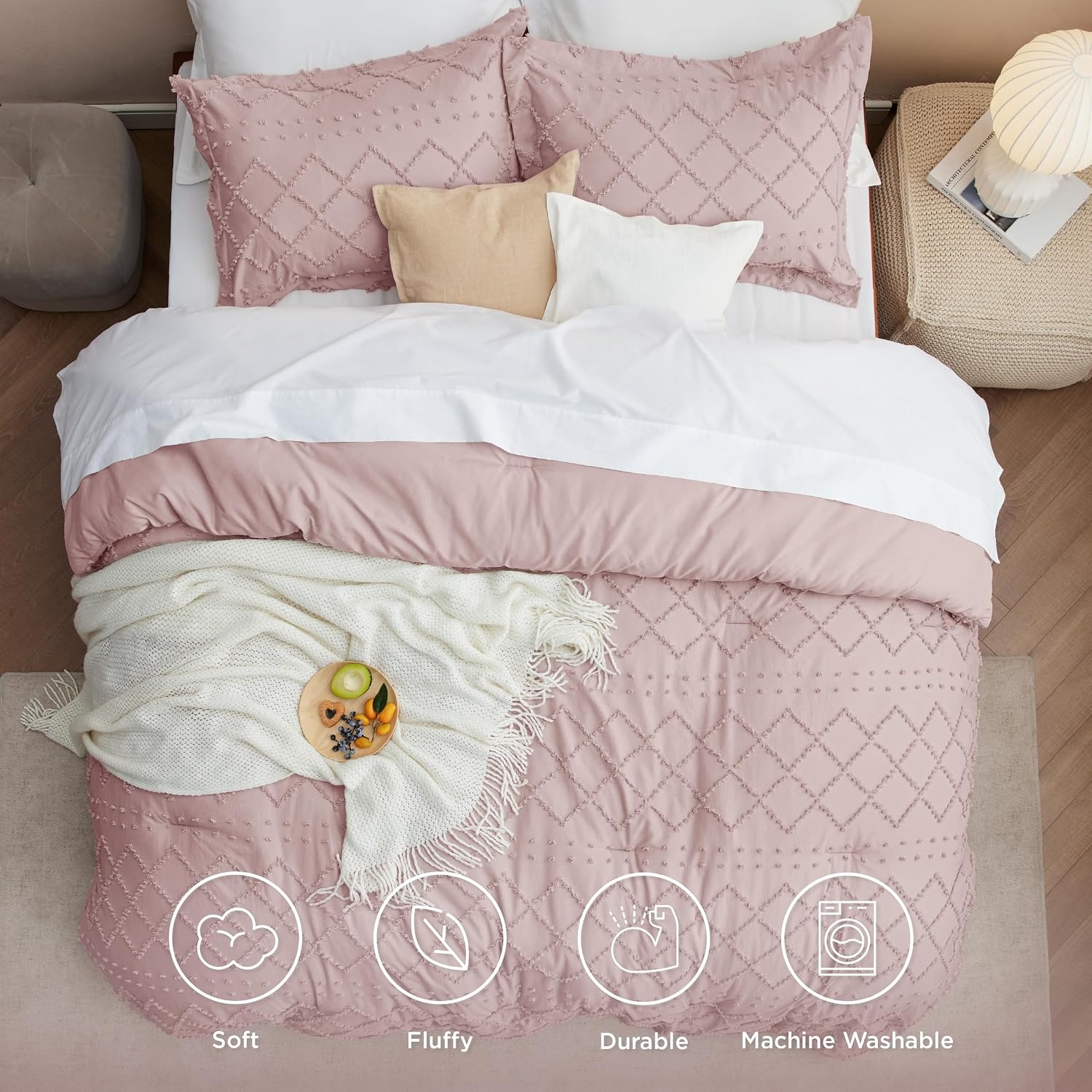 image:imageBedsure Twin XL Comforter Set  White Comforter Boho Tufted Distressed Vintage Bedding for Kids 2 Pieces FarmhouseStyle Bed Set for All Seasons Fluffy Soft Bedding with 1 Pillow Sham18  Dusty Rose