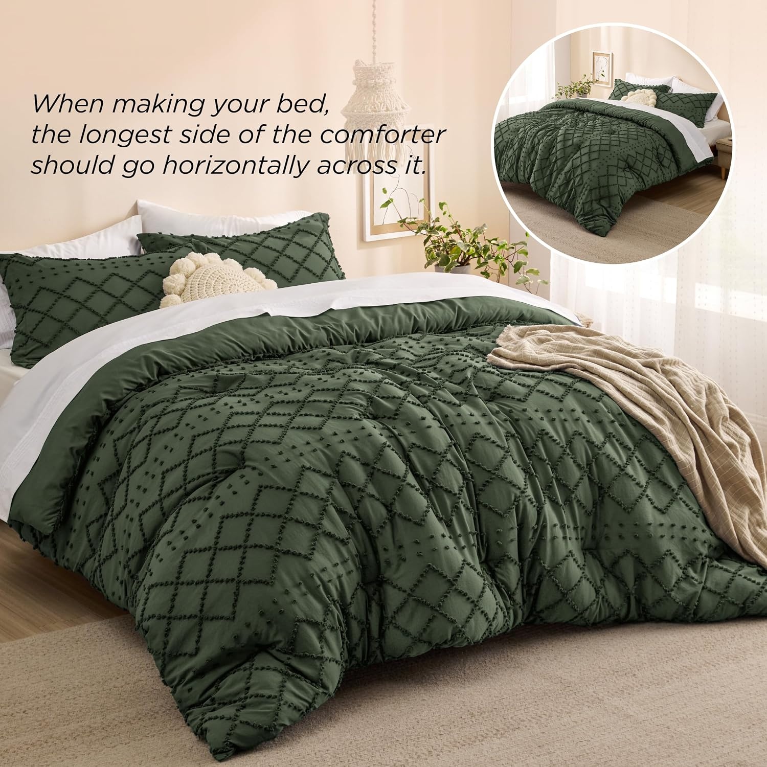 image:imageBedsure Twin XL Comforter Set White Comforter Boho Tufted Distressed Vintage Bedding for Kids 2 Pieces FarmhouseStyle Bed Set for All Seasons Fluffy Soft Bedding with 1 Pillow Sham02 Olive Green