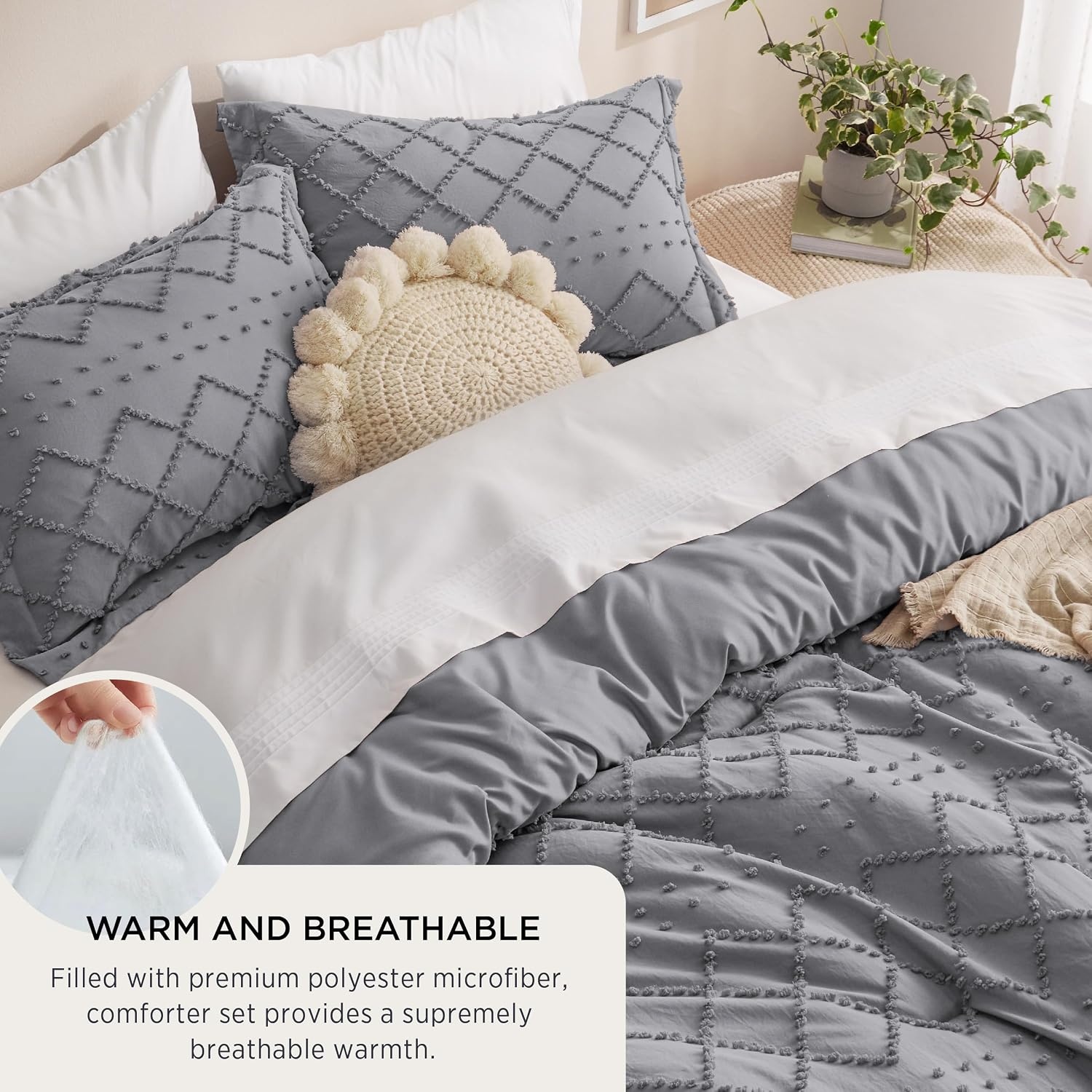 image:imageBedsure Twin XL Comforter Set  White Comforter Boho Tufted Distressed Vintage Bedding for Kids 2 Pieces FarmhouseStyle Bed Set for All Seasons Fluffy Soft Bedding with 1 Pillow Sham20  Grey