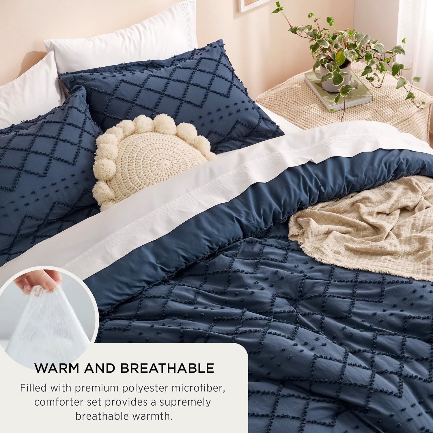 image:imageBedsure Twin XL Comforter Set  White Comforter Boho Tufted Distressed Vintage Bedding for Kids 2 Pieces FarmhouseStyle Bed Set for All Seasons Fluffy Soft Bedding with 1 Pillow Sham05  Navy