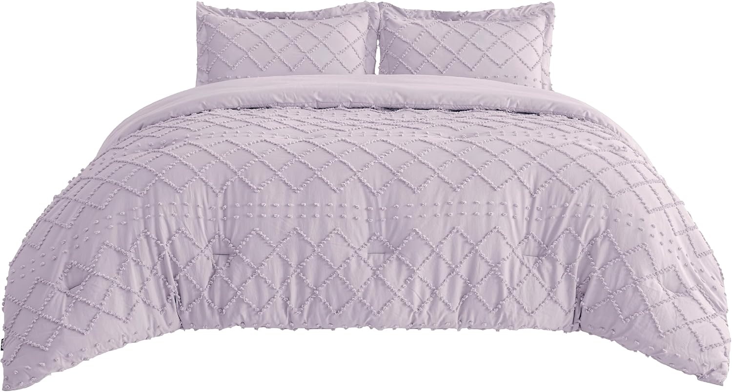 image:imageBedsure Twin XL Comforter Set  White Comforter Boho Tufted Distressed Vintage Bedding for Kids 2 Pieces FarmhouseStyle Bed Set for All Seasons Fluffy Soft Bedding with 1 Pillow Sham17  Lavender