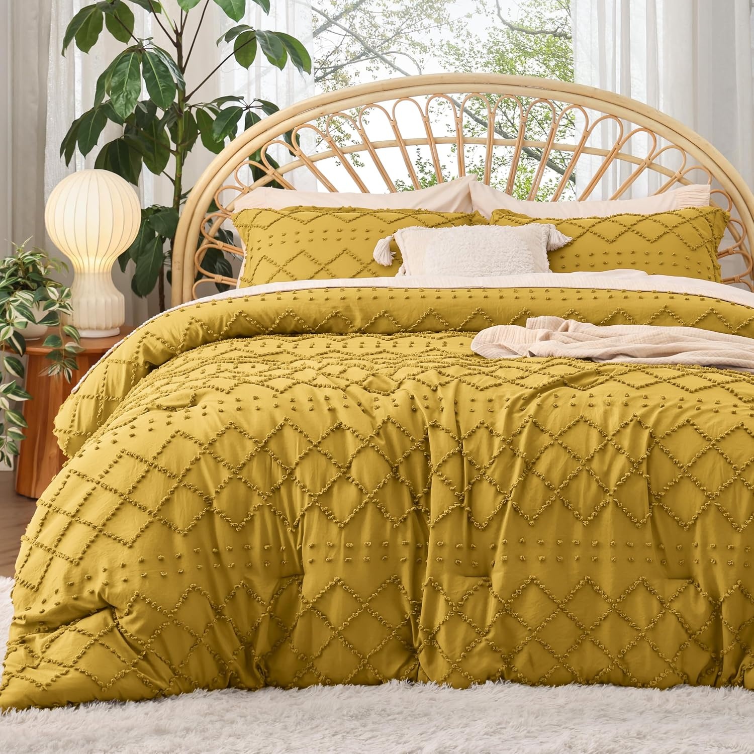 image:imageBedsure Twin XL Comforter Set  White Comforter Boho Tufted Distressed Vintage Bedding for Kids 2 Pieces FarmhouseStyle Bed Set for All Seasons Fluffy Soft Bedding with 1 Pillow Sham22  Mustard Yellow