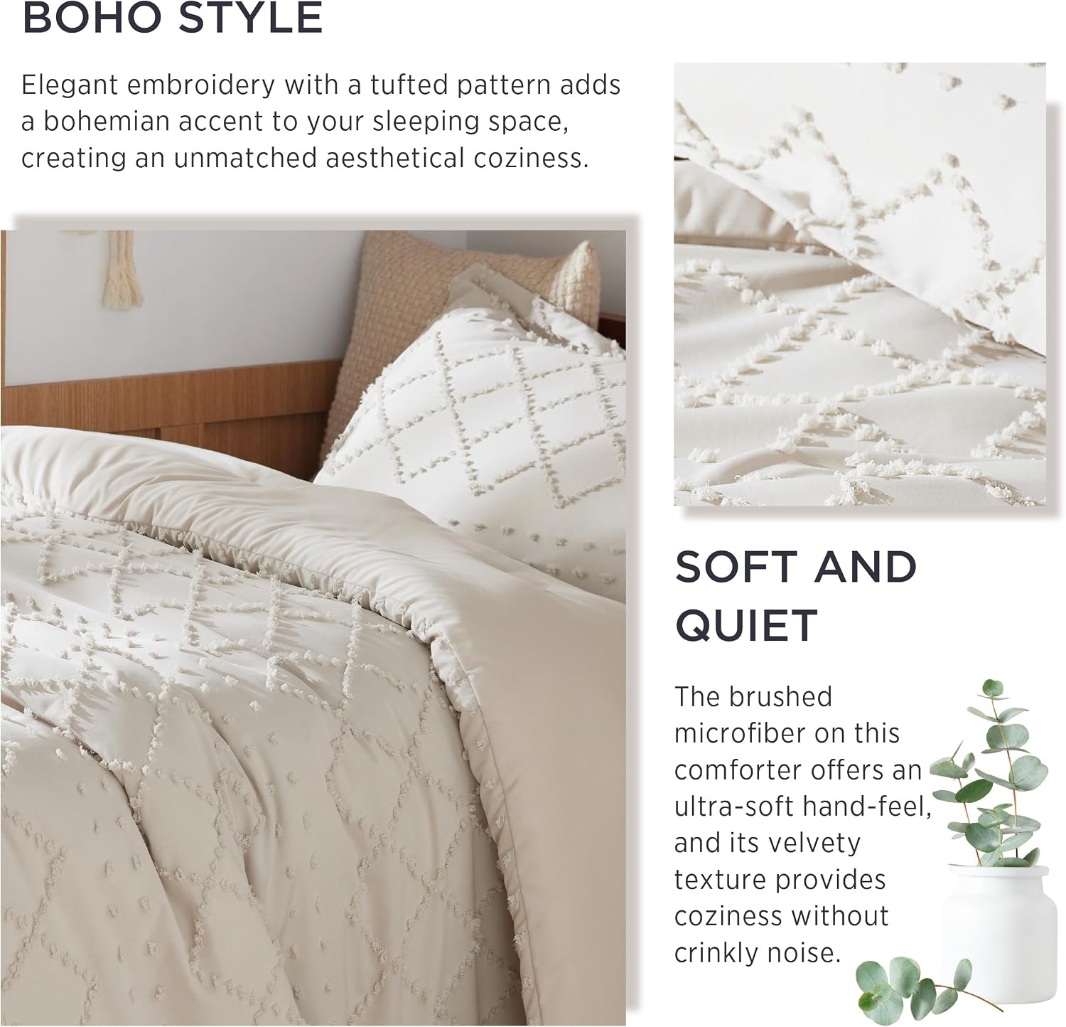 image:imageBedsure Twin XL Comforter Set  White Comforter Boho Tufted Distressed Vintage Bedding for Kids 2 Pieces FarmhouseStyle Bed Set for All Seasons Fluffy Soft Bedding with 1 Pillow Sham06  Beige