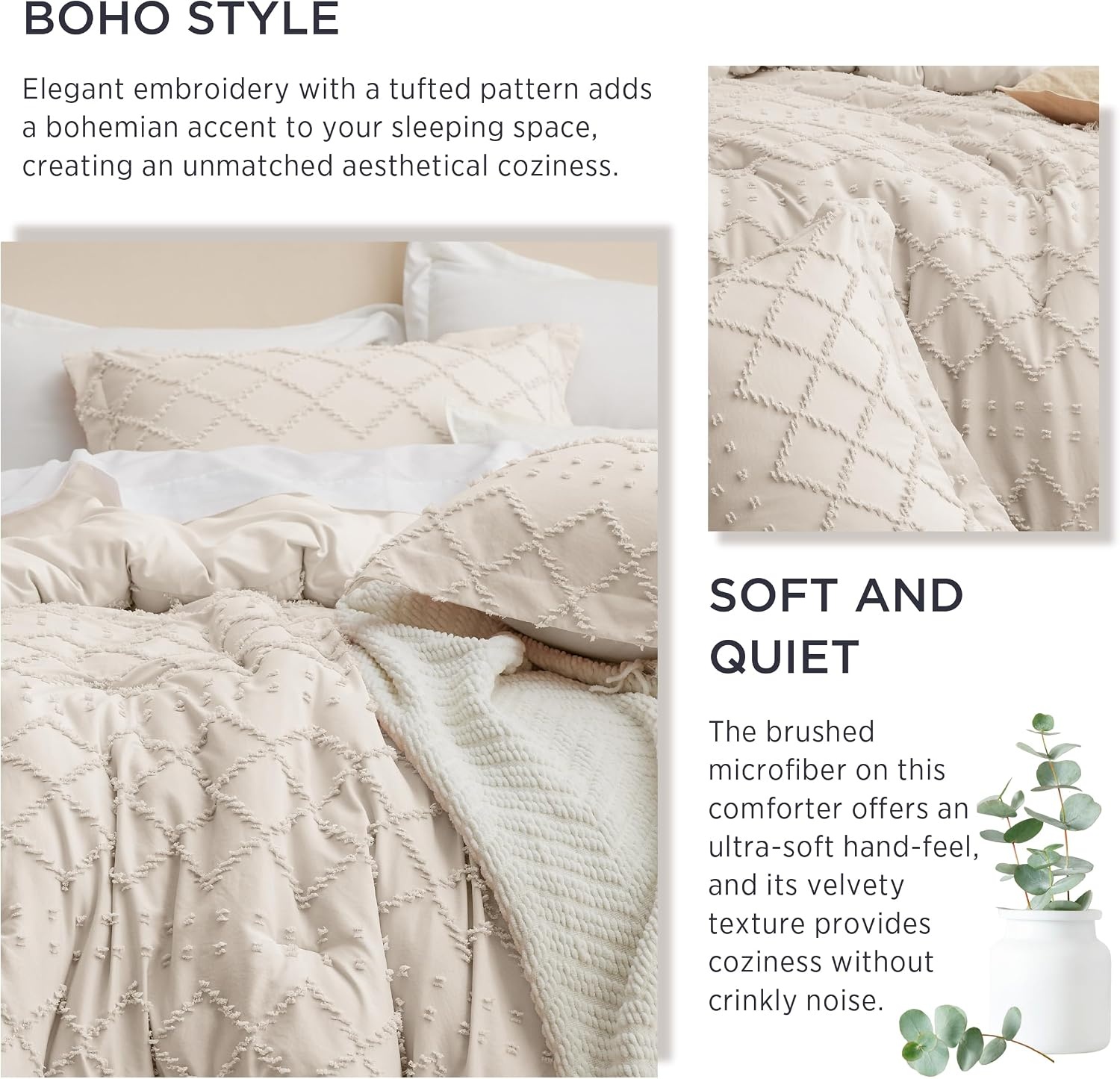 image:imageBedsure Twin XL Comforter Set  White Comforter Boho Tufted Distressed Vintage Bedding for Kids 2 Pieces FarmhouseStyle Bed Set for All Seasons Fluffy Soft Bedding with 1 Pillow Sham06  Beige