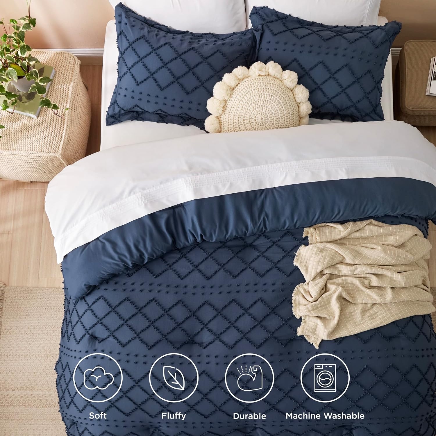 image:imageBedsure Twin XL Comforter Set  White Comforter Boho Tufted Distressed Vintage Bedding for Kids 2 Pieces FarmhouseStyle Bed Set for All Seasons Fluffy Soft Bedding with 1 Pillow Sham05  Navy