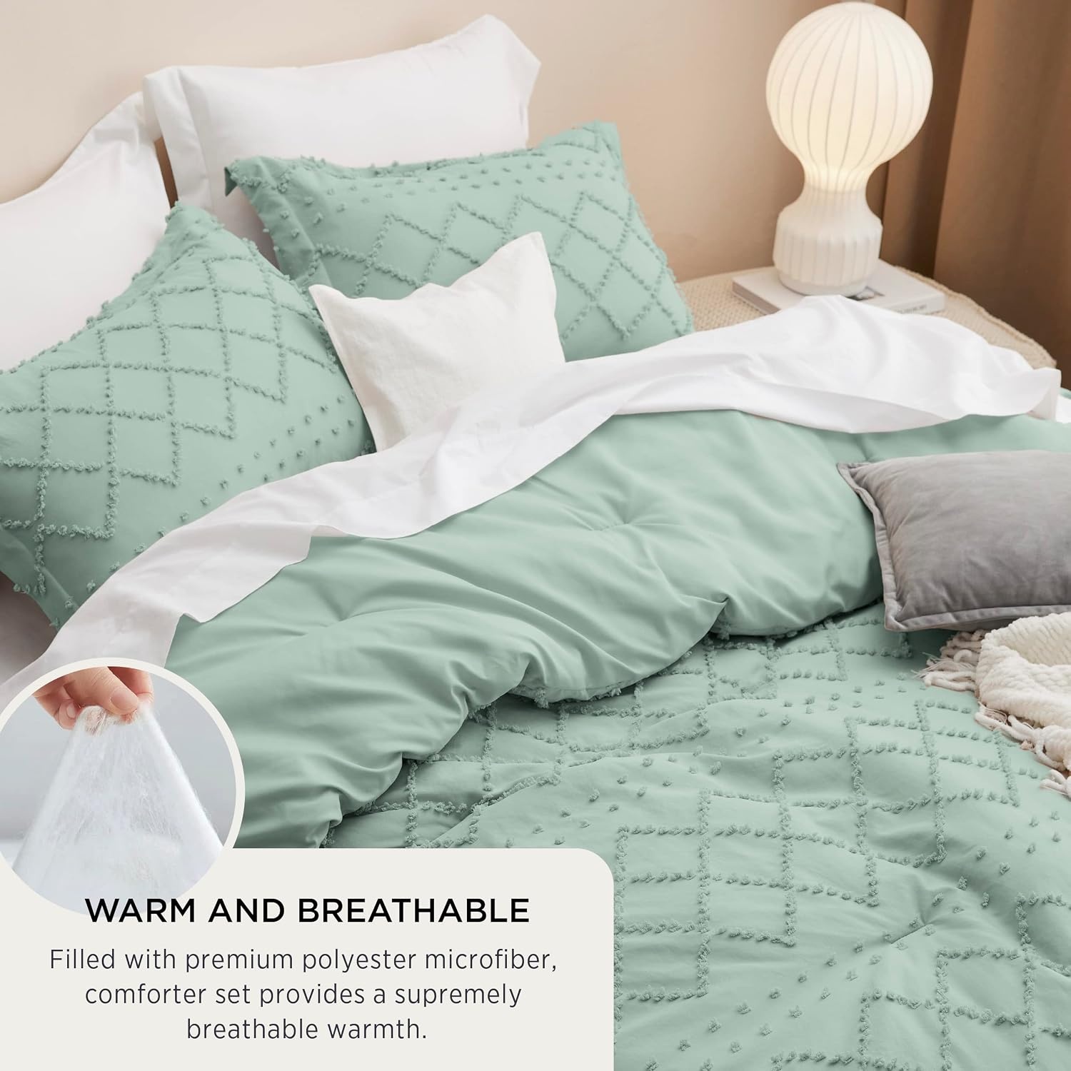 image:imageBedsure Twin XL Comforter Set  White Comforter Boho Tufted Distressed Vintage Bedding for Kids 2 Pieces FarmhouseStyle Bed Set for All Seasons Fluffy Soft Bedding with 1 Pillow Sham12  Sage Green