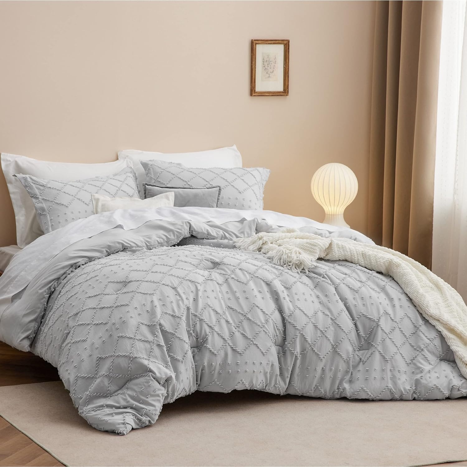 image:imageBedsure Twin XL Comforter Set  White Comforter Boho Tufted Distressed Vintage Bedding for Kids 2 Pieces FarmhouseStyle Bed Set for All Seasons Fluffy Soft Bedding with 1 Pillow Sham15  Light Grey