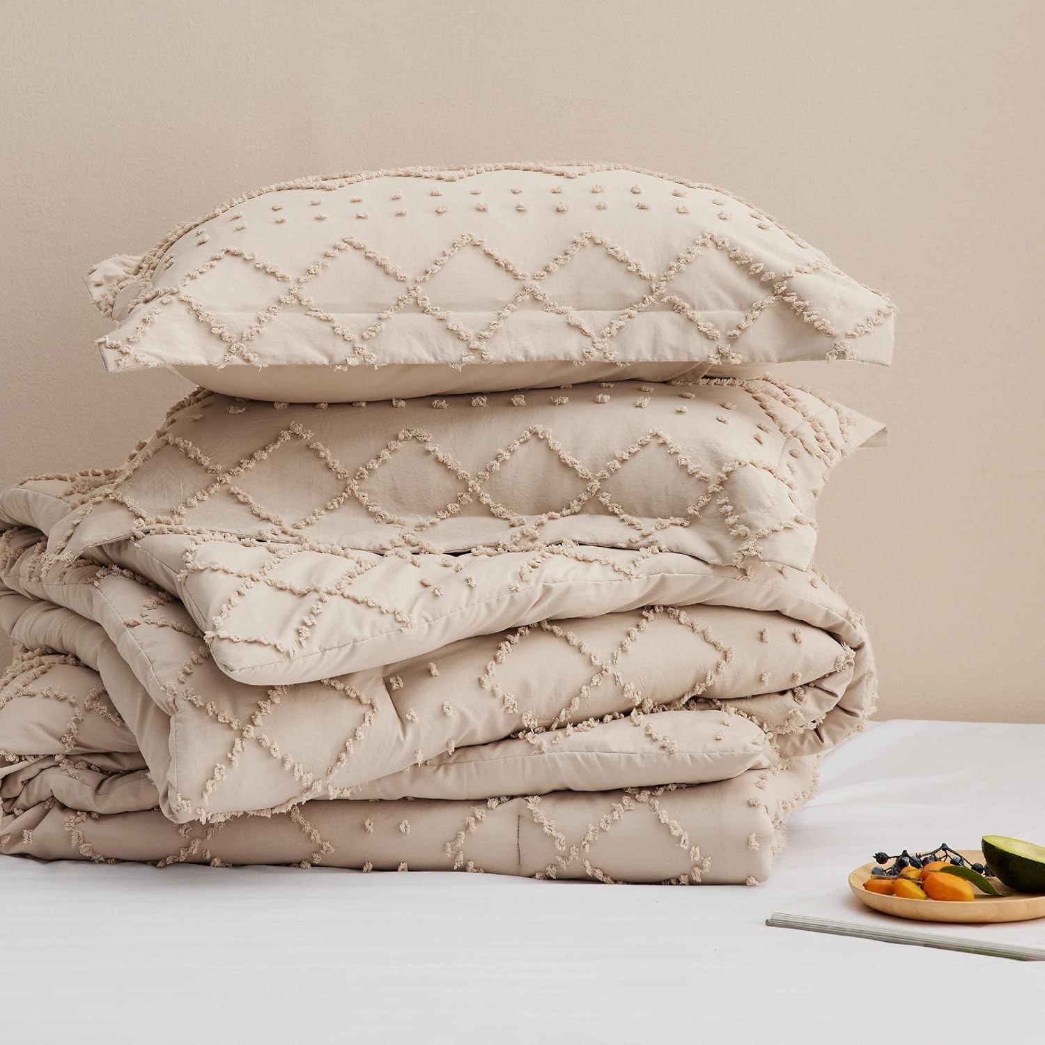 image:imageBedsure Twin XL Comforter Set  White Comforter Boho Tufted Distressed Vintage Bedding for Kids 2 Pieces FarmhouseStyle Bed Set for All Seasons Fluffy Soft Bedding with 1 Pillow Sham16  Warm Tan