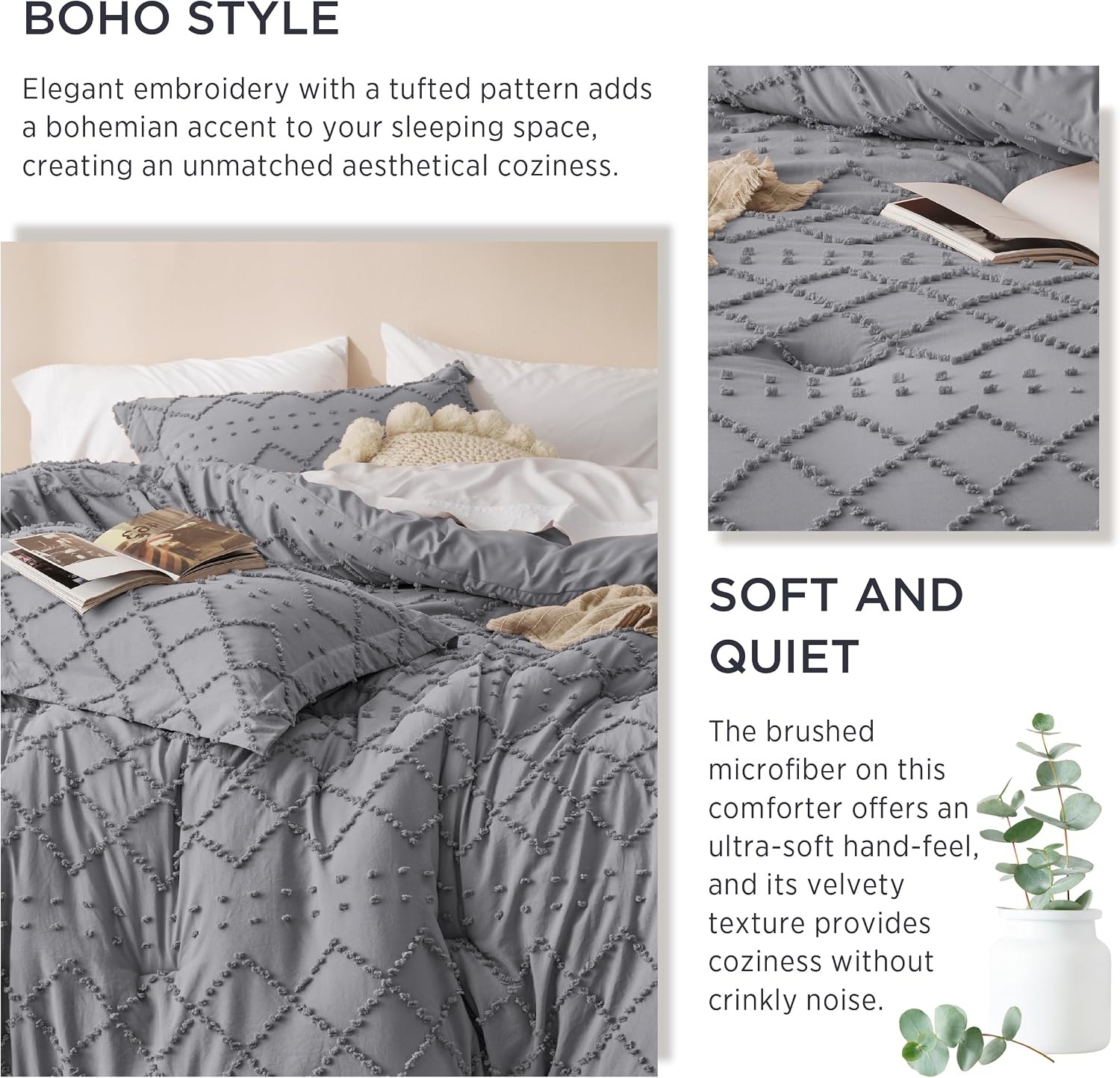 image:imageBedsure Twin XL Comforter Set  White Comforter Boho Tufted Distressed Vintage Bedding for Kids 2 Pieces FarmhouseStyle Bed Set for All Seasons Fluffy Soft Bedding with 1 Pillow Sham20  Grey