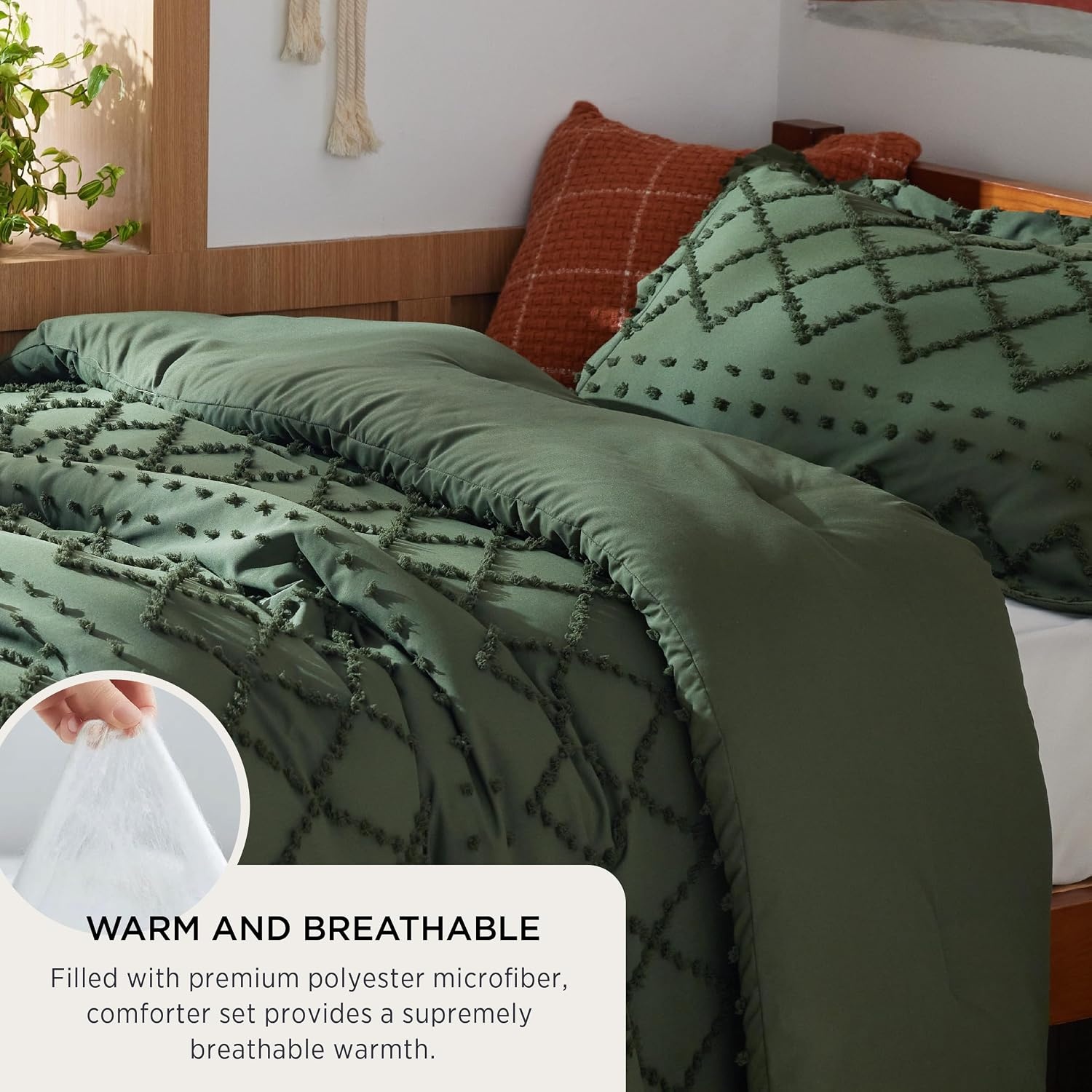 image:imageBedsure Twin XL Comforter Set White Comforter Boho Tufted Distressed Vintage Bedding for Kids 2 Pieces FarmhouseStyle Bed Set for All Seasons Fluffy Soft Bedding with 1 Pillow Sham02 Olive Green