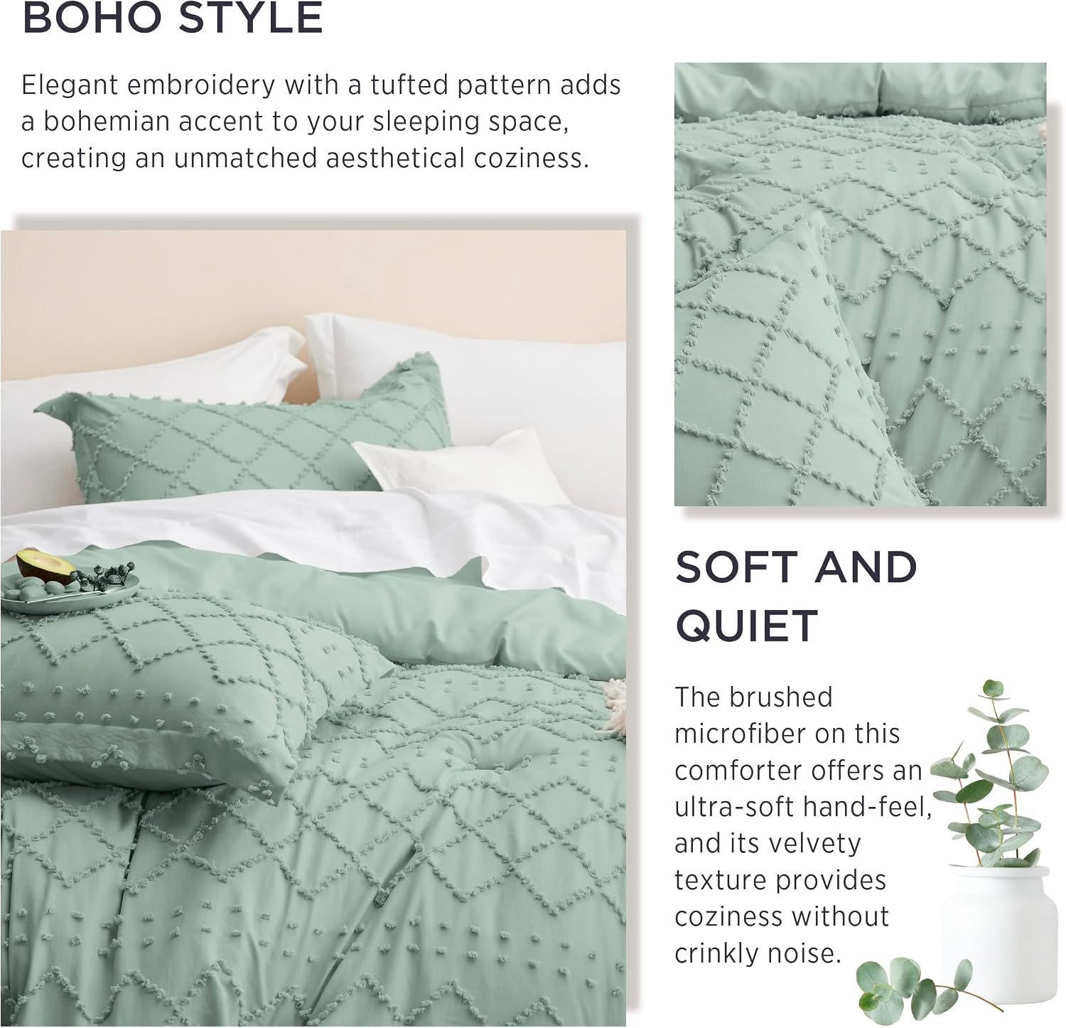 image:imageBedsure Twin XL Comforter Set  White Comforter Boho Tufted Distressed Vintage Bedding for Kids 2 Pieces FarmhouseStyle Bed Set for All Seasons Fluffy Soft Bedding with 1 Pillow Sham12  Sage Green