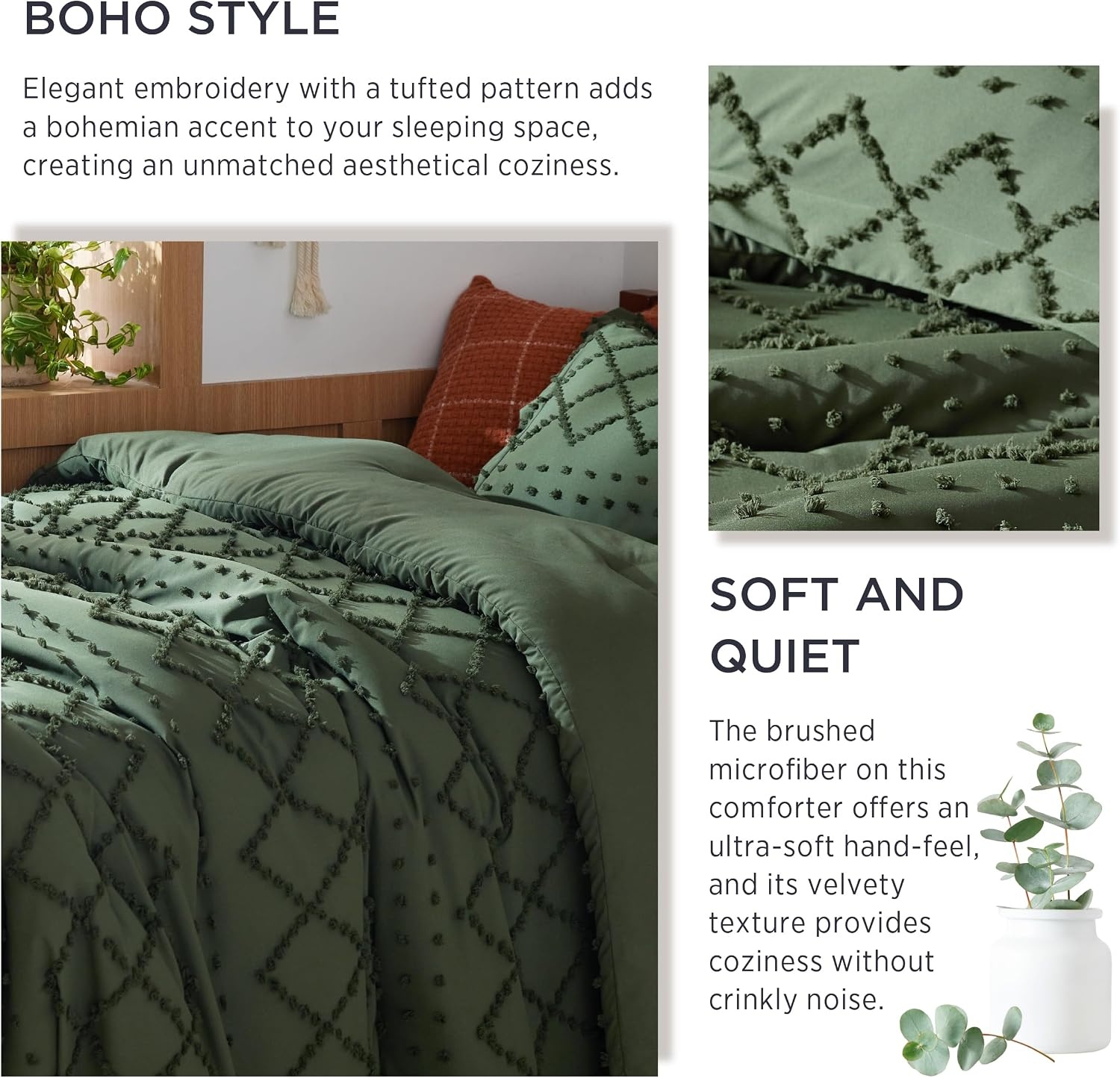 image:imageBedsure Twin XL Comforter Set White Comforter Boho Tufted Distressed Vintage Bedding for Kids 2 Pieces FarmhouseStyle Bed Set for All Seasons Fluffy Soft Bedding with 1 Pillow Sham02 Olive Green