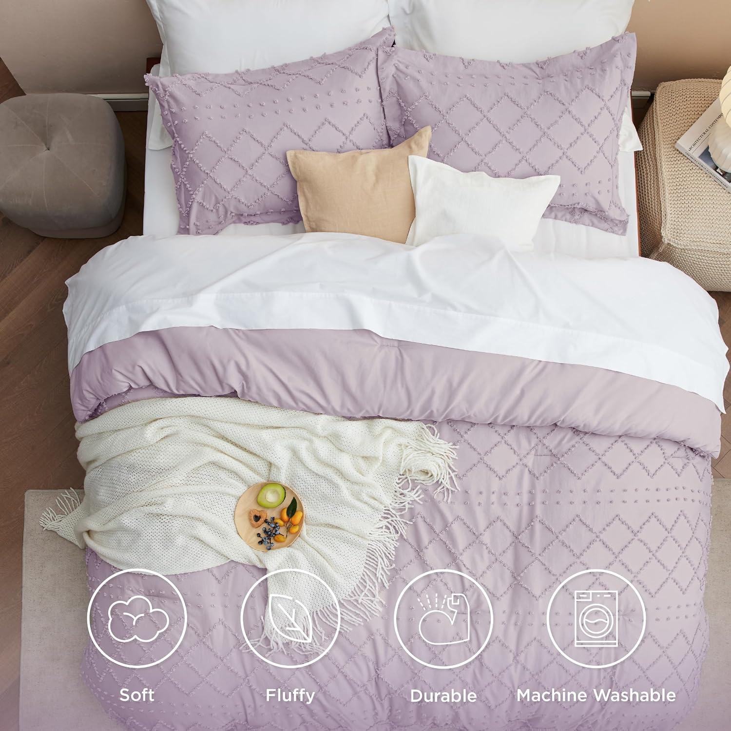 image:imageBedsure Twin XL Comforter Set  White Comforter Boho Tufted Distressed Vintage Bedding for Kids 2 Pieces FarmhouseStyle Bed Set for All Seasons Fluffy Soft Bedding with 1 Pillow Sham17  Lavender