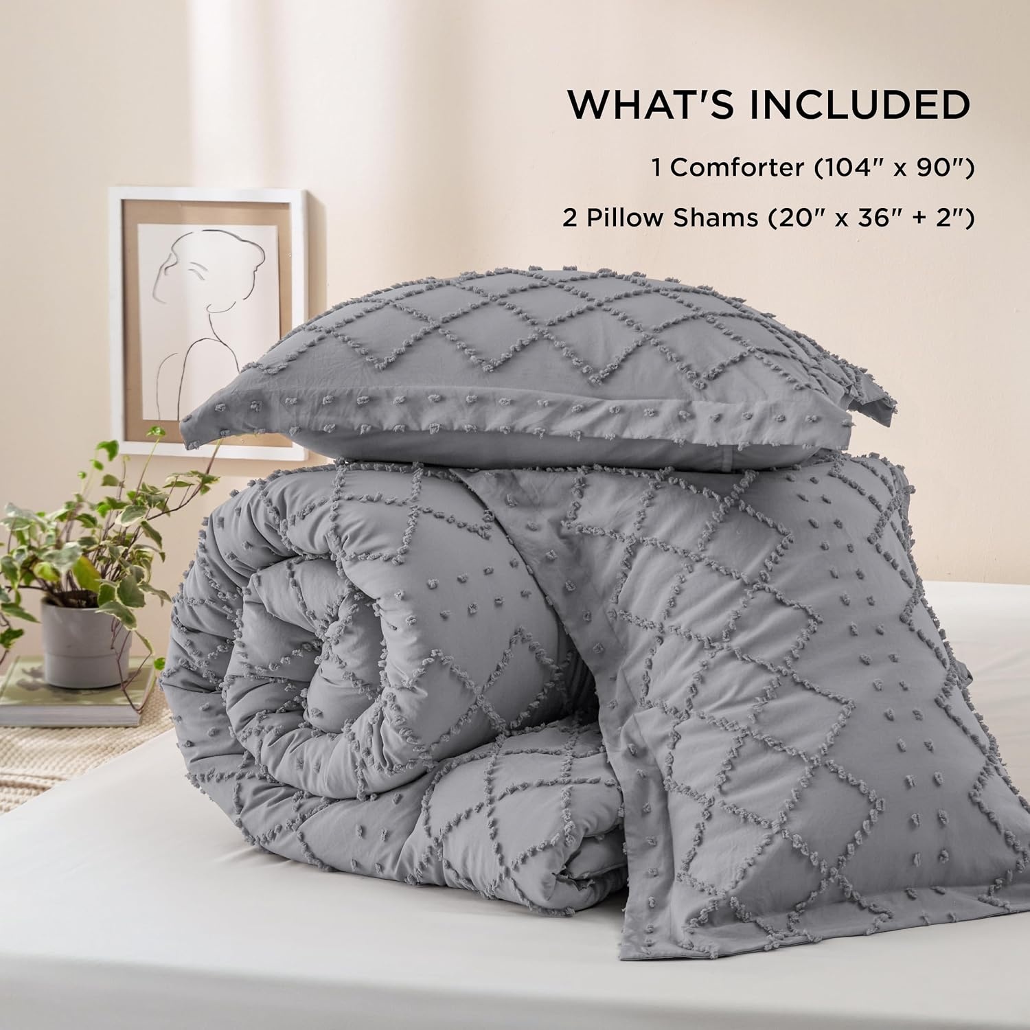 image:imageBedsure Twin XL Comforter Set  White Comforter Boho Tufted Distressed Vintage Bedding for Kids 2 Pieces FarmhouseStyle Bed Set for All Seasons Fluffy Soft Bedding with 1 Pillow Sham20  Grey