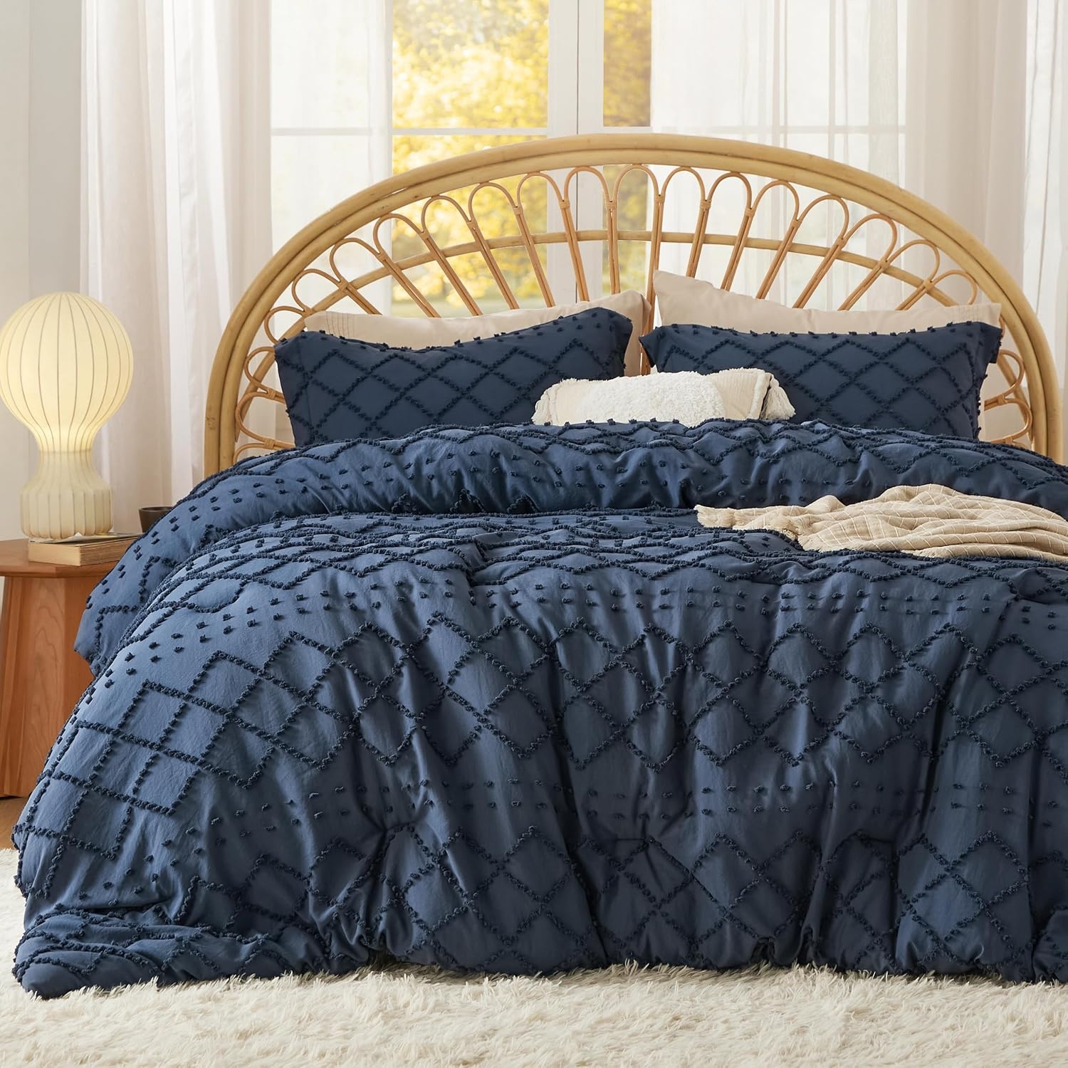 image:imageBedsure Twin XL Comforter Set  White Comforter Boho Tufted Distressed Vintage Bedding for Kids 2 Pieces FarmhouseStyle Bed Set for All Seasons Fluffy Soft Bedding with 1 Pillow Sham05  Navy