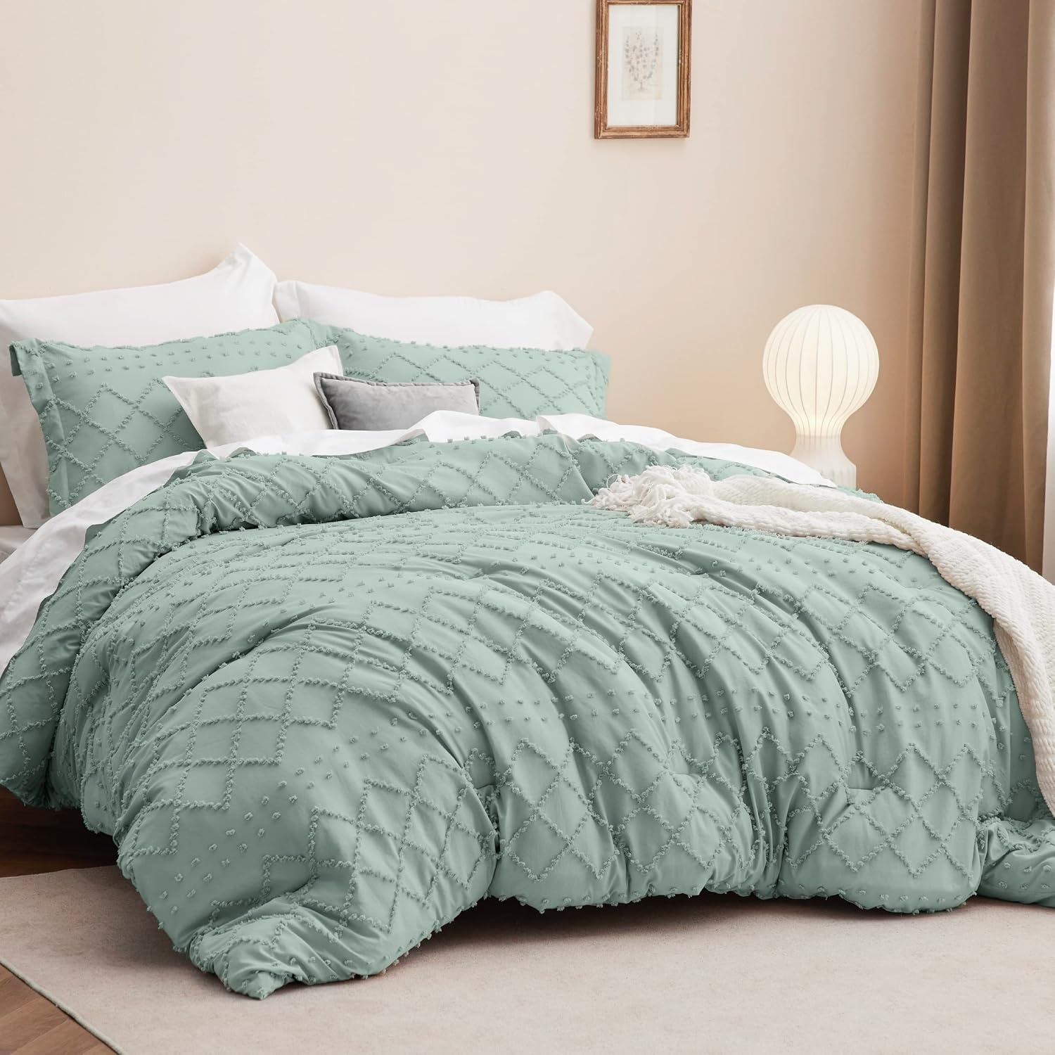 image:imageBedsure Twin XL Comforter Set  White Comforter Boho Tufted Distressed Vintage Bedding for Kids 2 Pieces FarmhouseStyle Bed Set for All Seasons Fluffy Soft Bedding with 1 Pillow Sham12  Sage Green