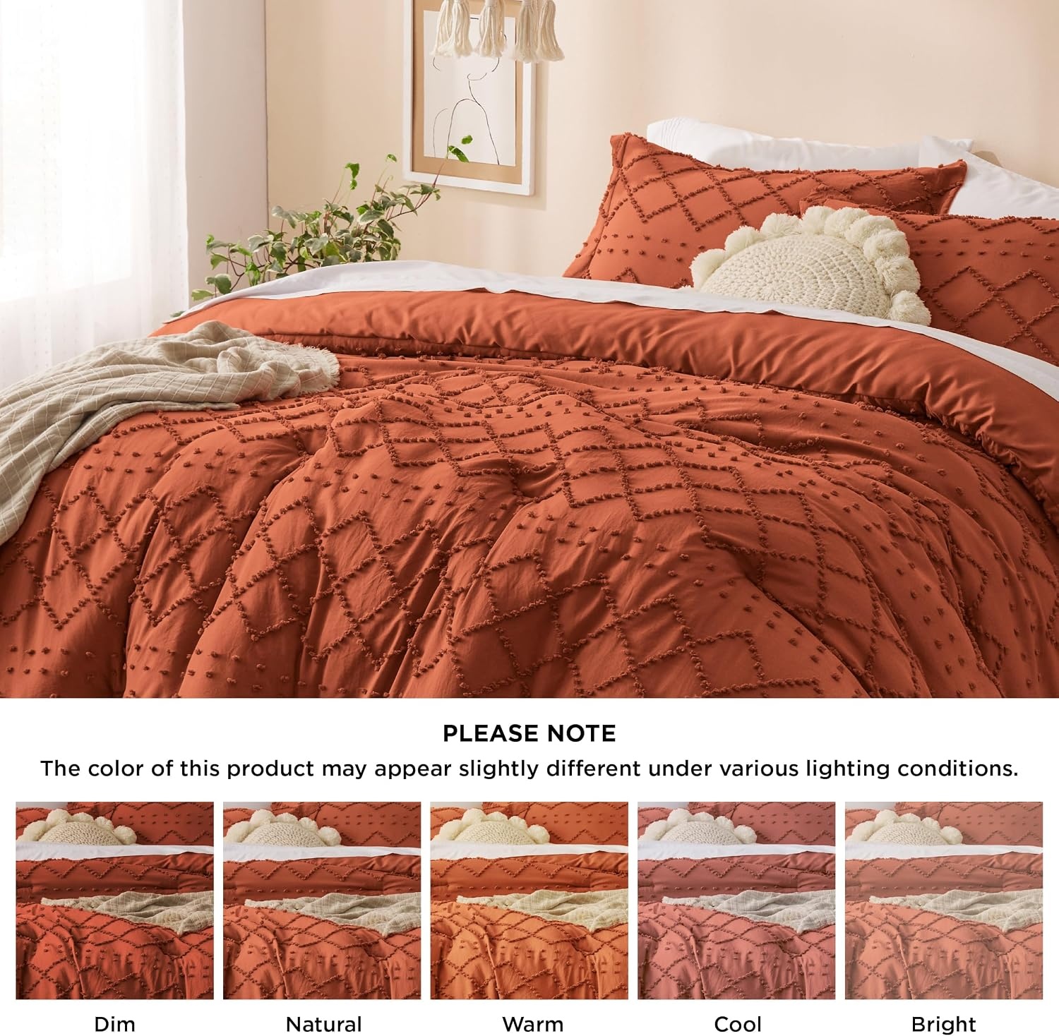 image:imageBedsure Twin XL Comforter Set  White Comforter Boho Tufted Distressed Vintage Bedding for Kids 2 Pieces FarmhouseStyle Bed Set for All Seasons Fluffy Soft Bedding with 1 Pillow Sham19  Terracotta
