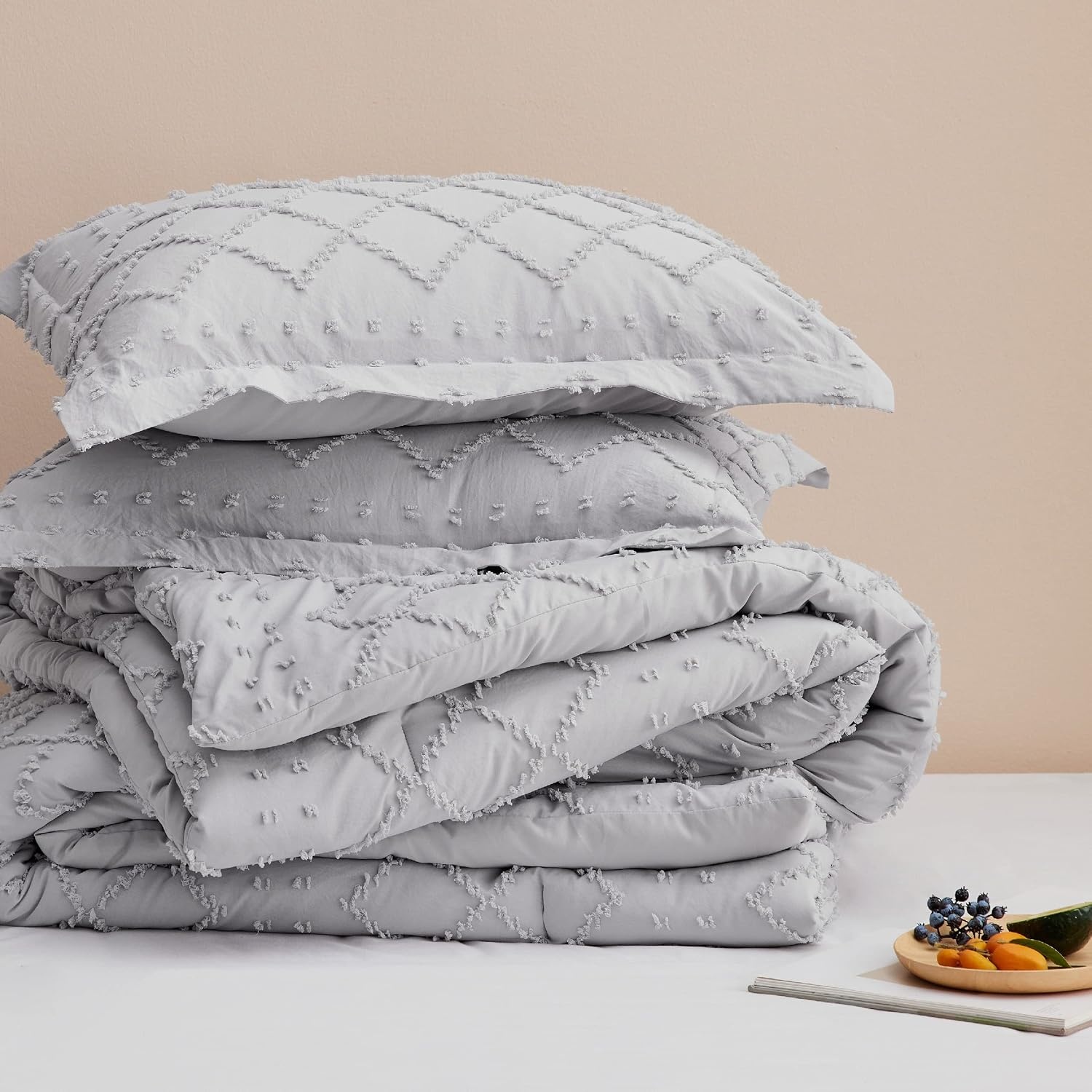 image:imageBedsure Twin XL Comforter Set  White Comforter Boho Tufted Distressed Vintage Bedding for Kids 2 Pieces FarmhouseStyle Bed Set for All Seasons Fluffy Soft Bedding with 1 Pillow Sham15  Light Grey